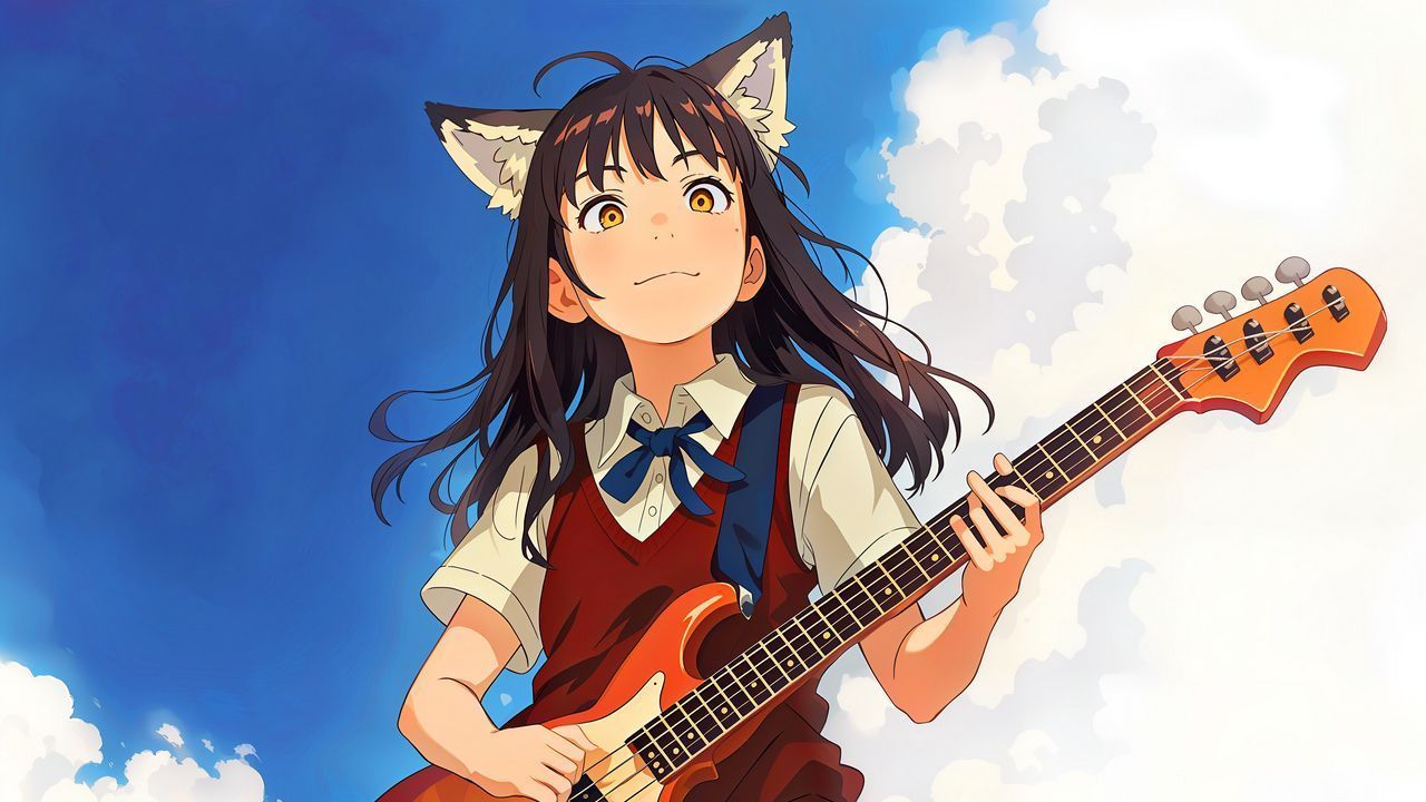 1280x720 Wallpaper girl, ears, guitar, sky