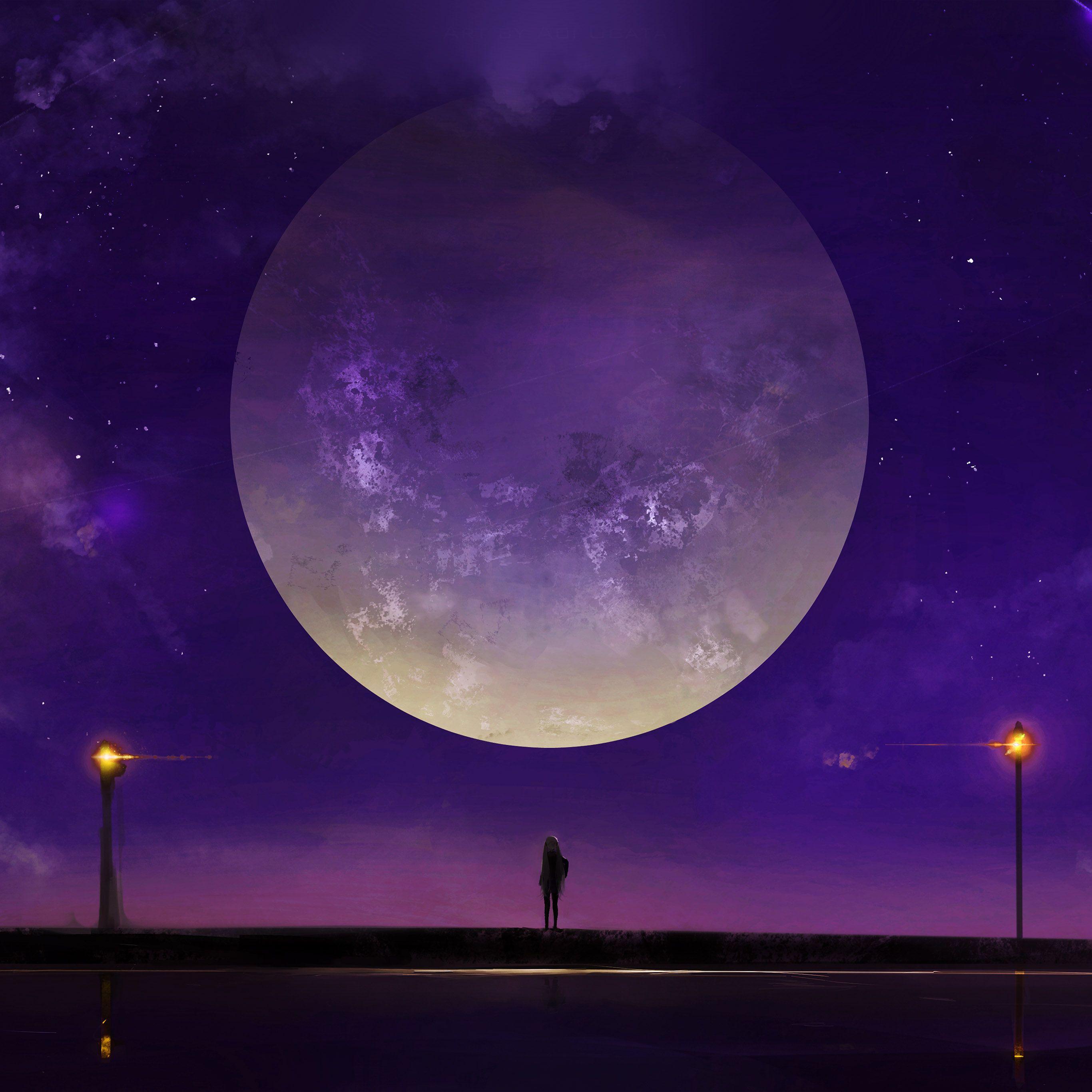 2732x2732 Moon Anime Night Art Illustration Purple Wallpaper