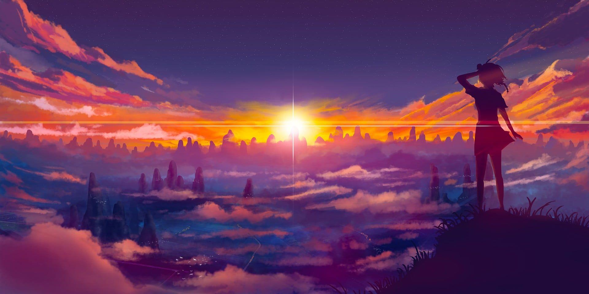 1920x960 Anime character standing on hill during sunrise digital wallpaper, sunset, landscape, purple HD wallpaper