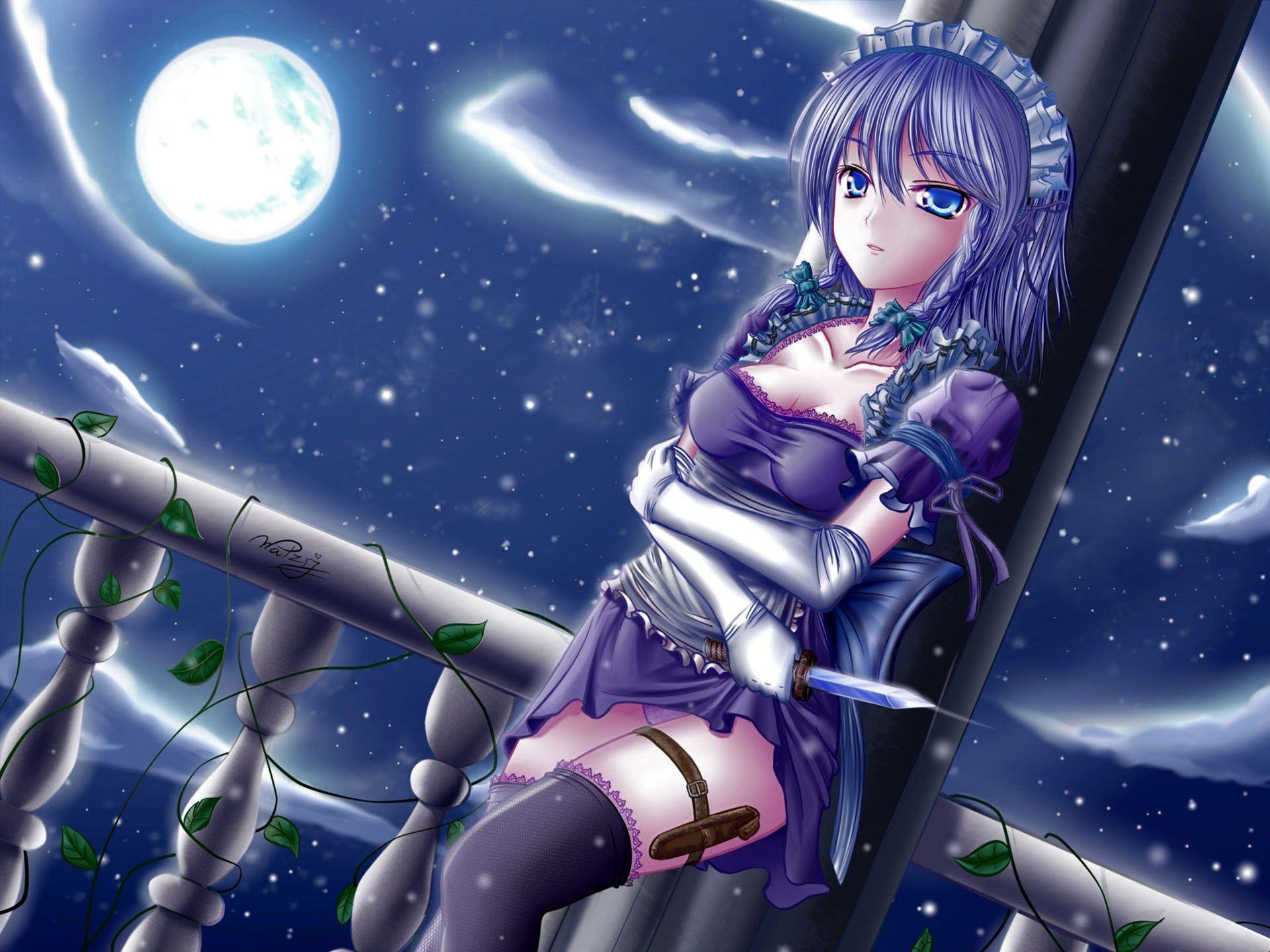 1920x1440 Wallpaper Moonlight Anime Girl, Holding A Knife, Blue Purple Hair 1920x1440 HD Picture, Image