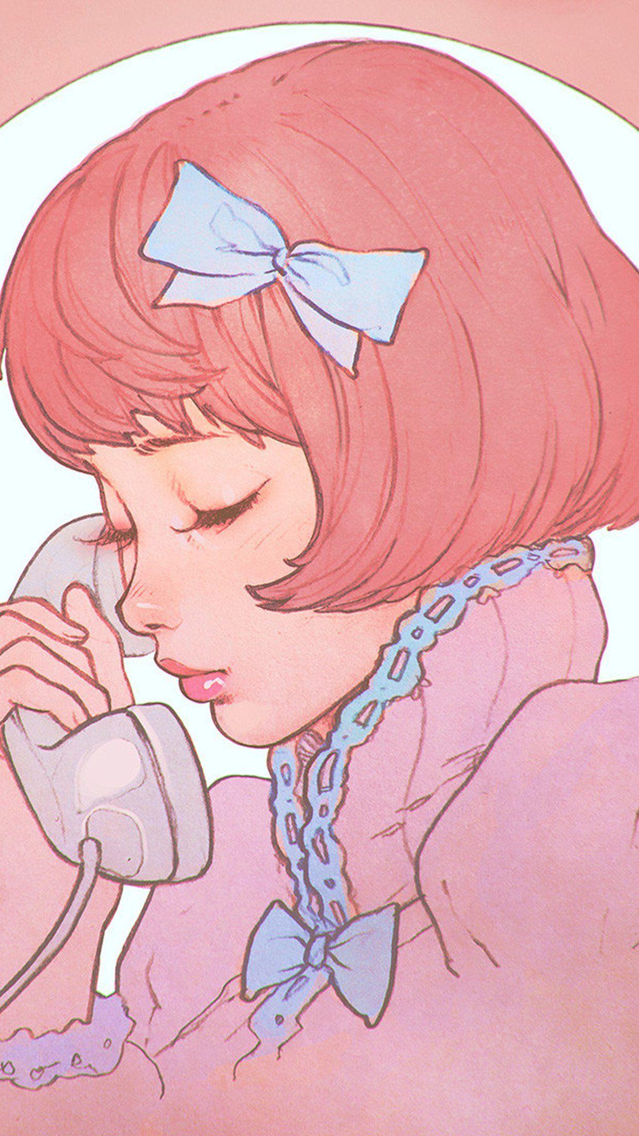 1242x2208 iPhone 6 wallpaper. pink phone girl cute anime drawing art ilya