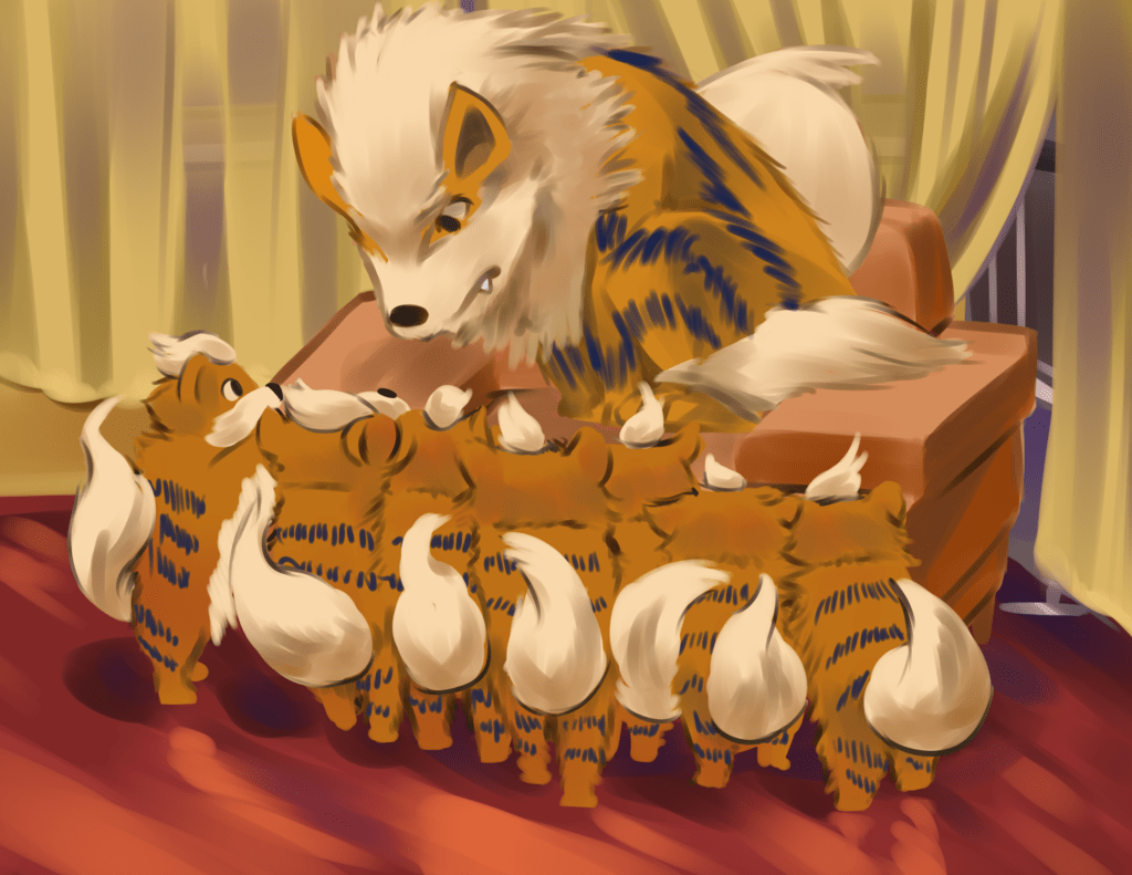 1024x791 Arcanine With Cute Growlithe Art Wallpaper Wallpaper