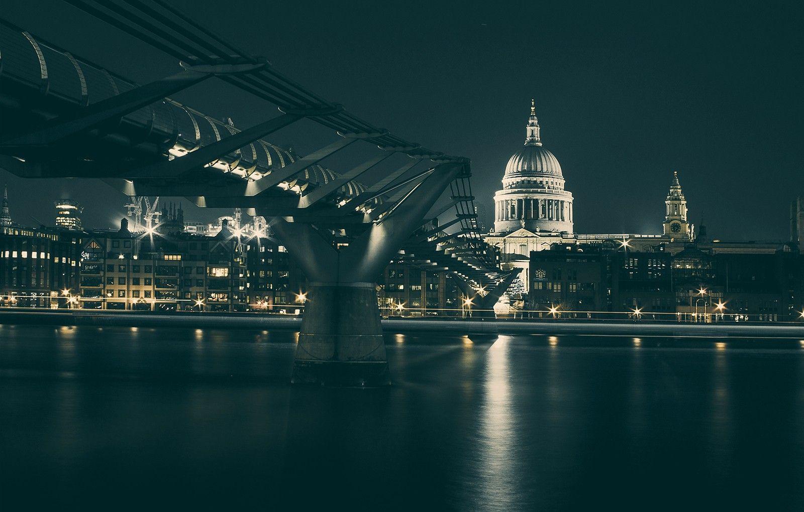 1600x1020 City, Night, Evening, River, HD Grayscale Image, Monochrome