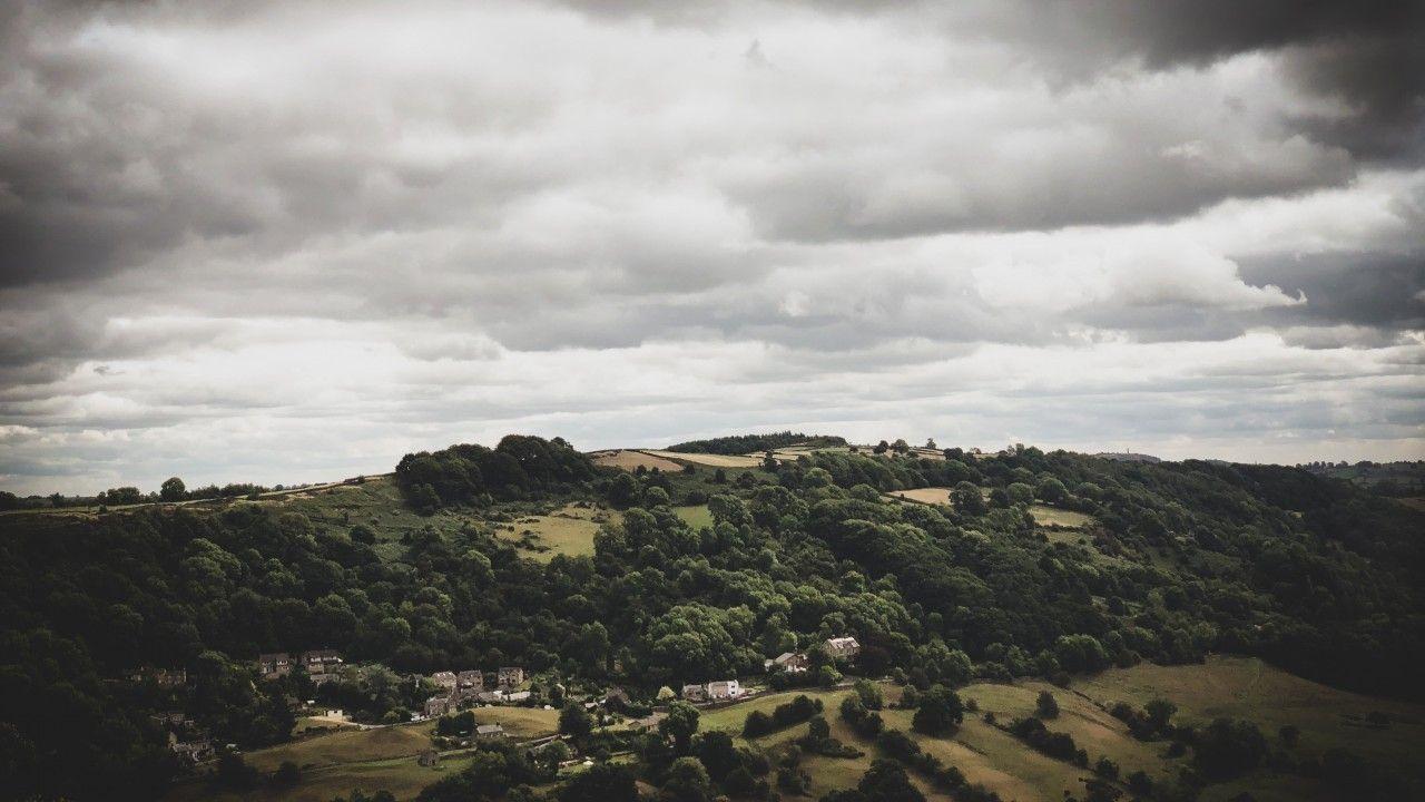 1280x720 Download 1280x720 Dark Weather, Hill, Trees, Houses, Scenic