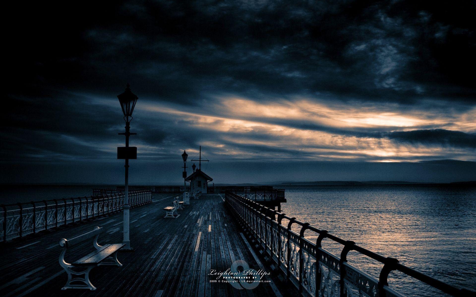 1920x1200 Gray wooden dock under dark cloudy sky, landscape, pier, sky
