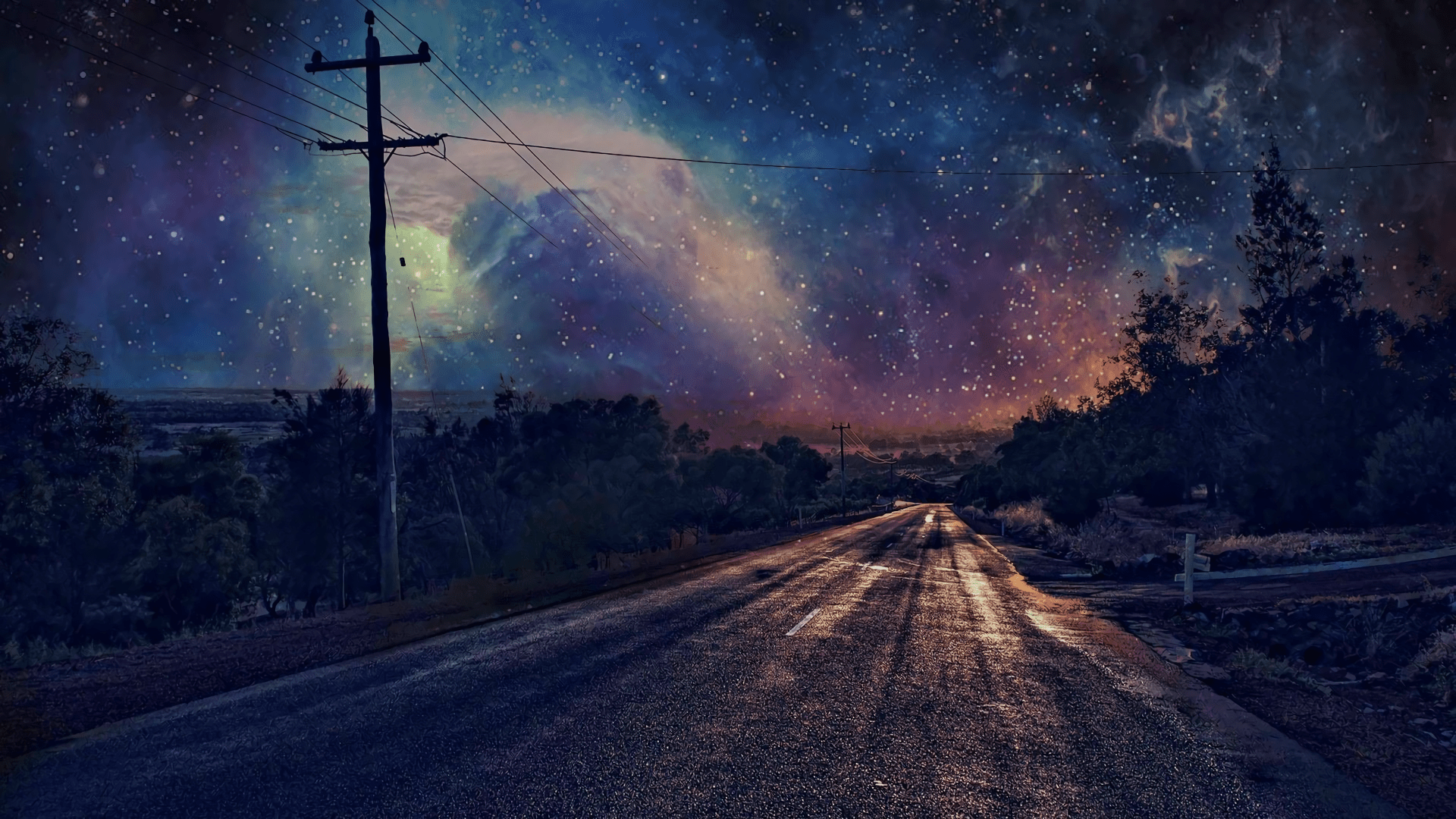 1920x1080 Download 1920x1080 Long Road, Sky, Stars, Night Wallpaper