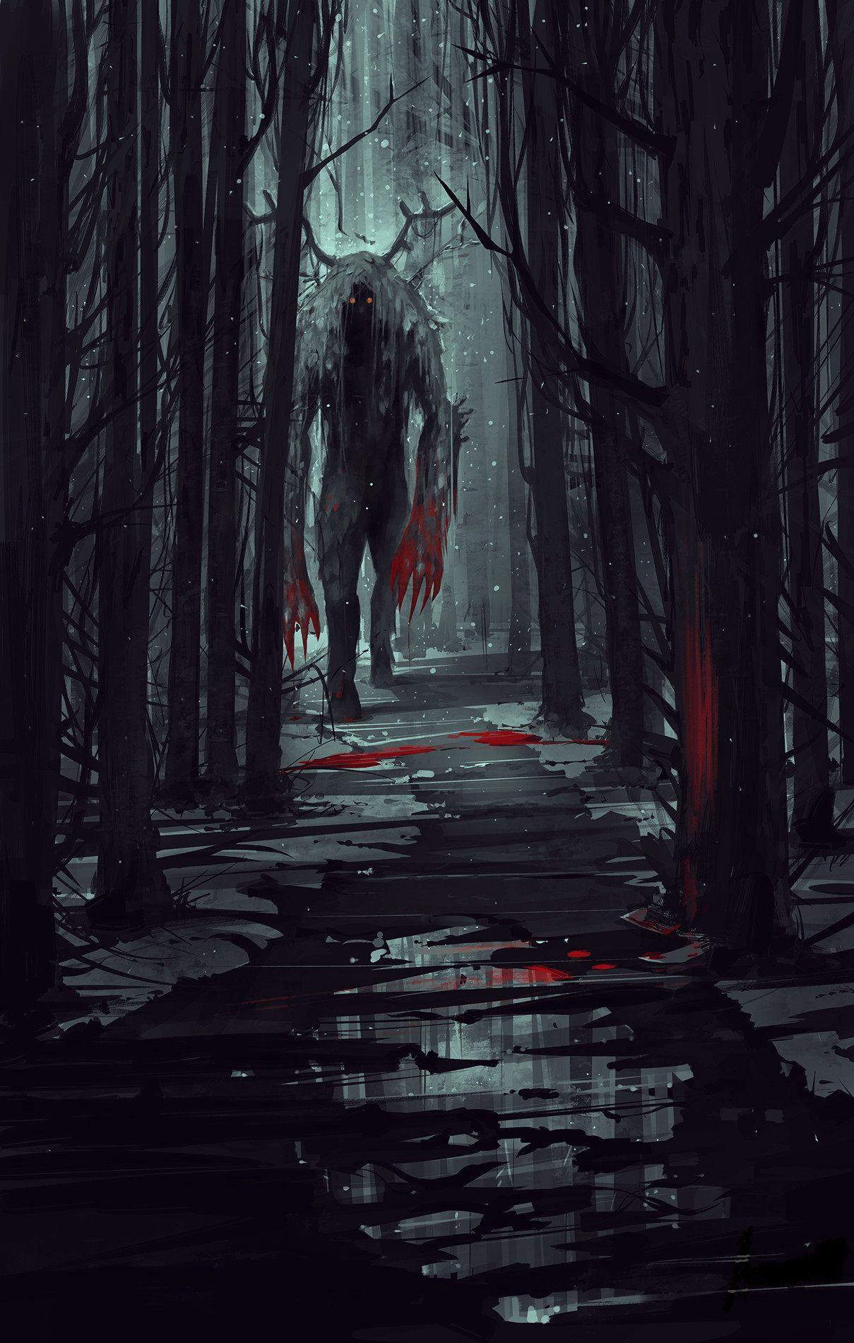 1209x1900 Wallpaper monster Blood path Fantasy night time Trees