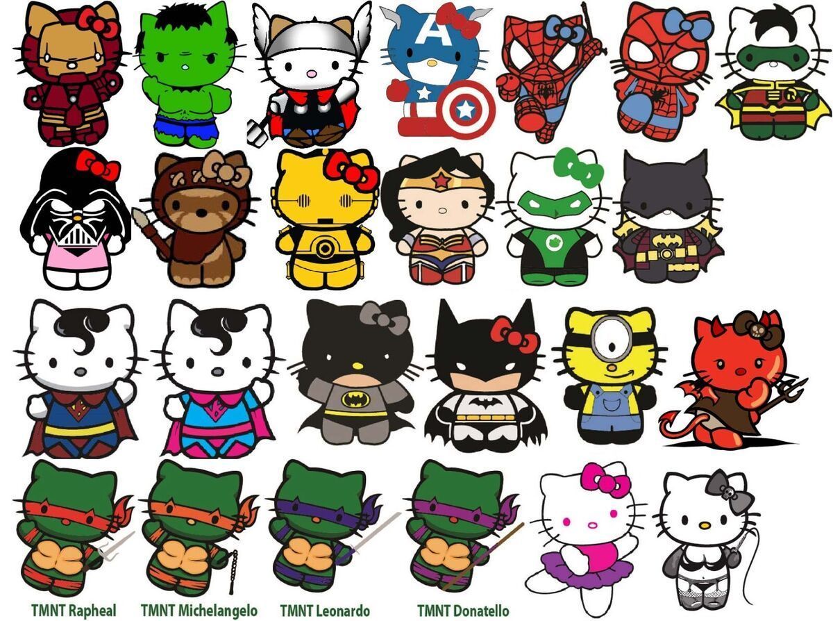 1200x894 HELLO KITTY SPIDER MAN, IRON MAN, BATMAN
