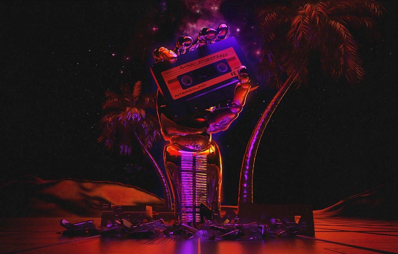 1332x850 Wallpaper Music, Style, Palm trees, Music, 80s, Style, Neon, Rendering, Illustration, Cassette, 80's, Synth, Retrowave, Synthwave, New Retro Wave, Futuresynth image for desktop, section рендеринг