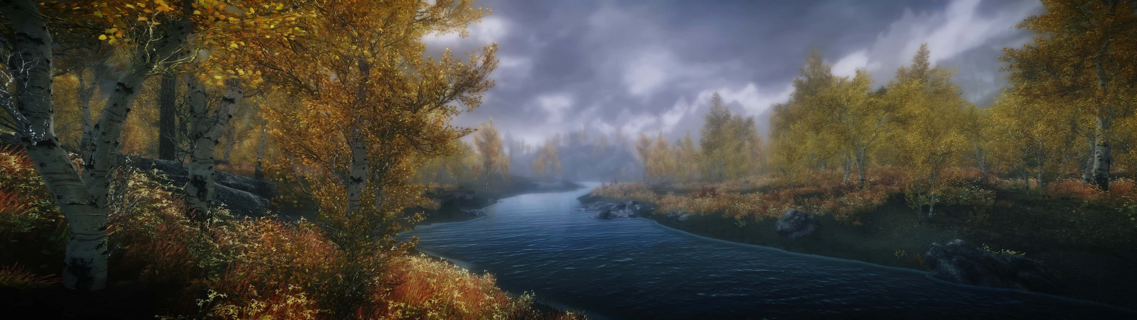 3840x1080 Skyrim Landscape Long River Wallpaper