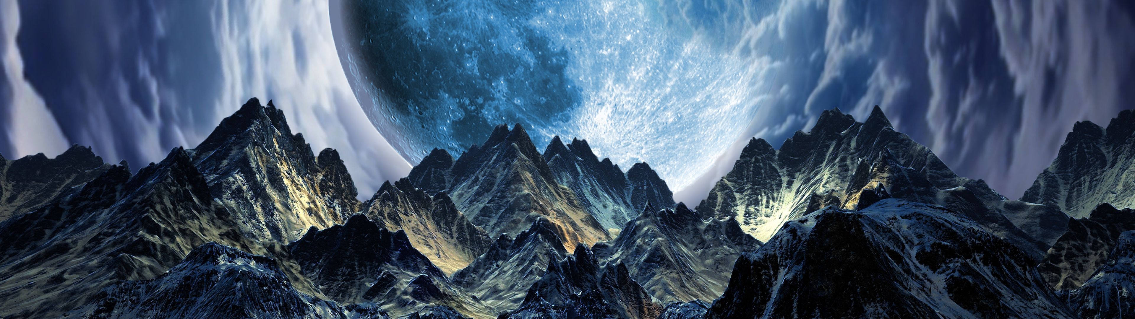 3840x1080 Surreal Wallpaper 4K, Moon, Mountains
