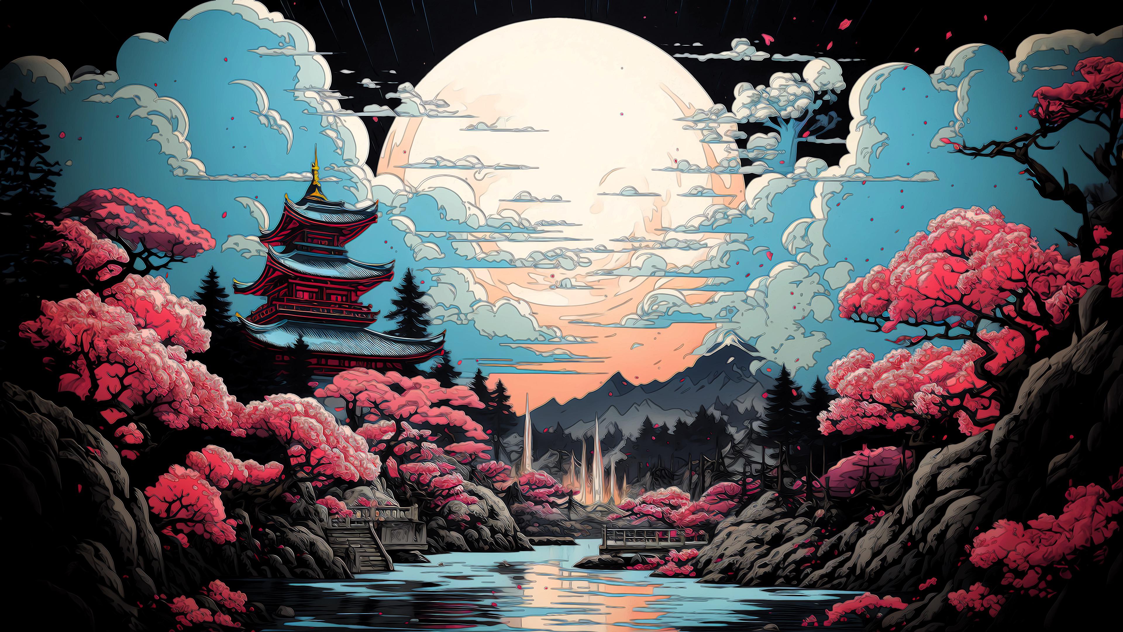 3840x2160 JAPANESE TEMPLE ILLUSTRATION