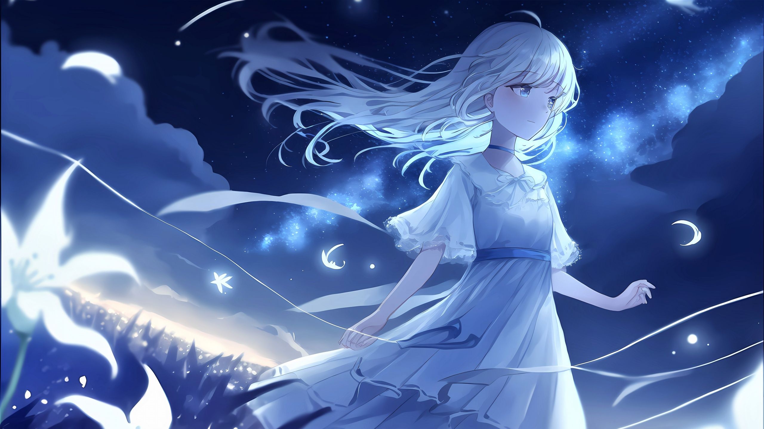 2560x1440 Anime girl Wallpaper 4K, Night, Surreal