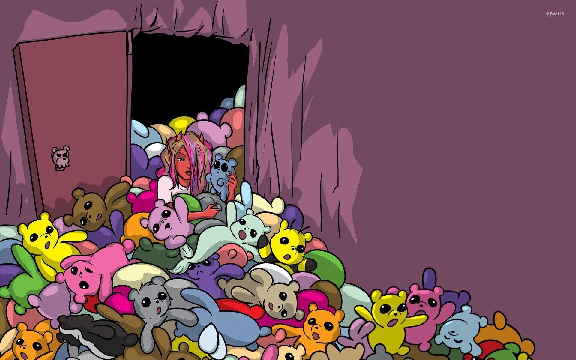 1920x1200 Devil among colorful teddy bears wallpaper Art