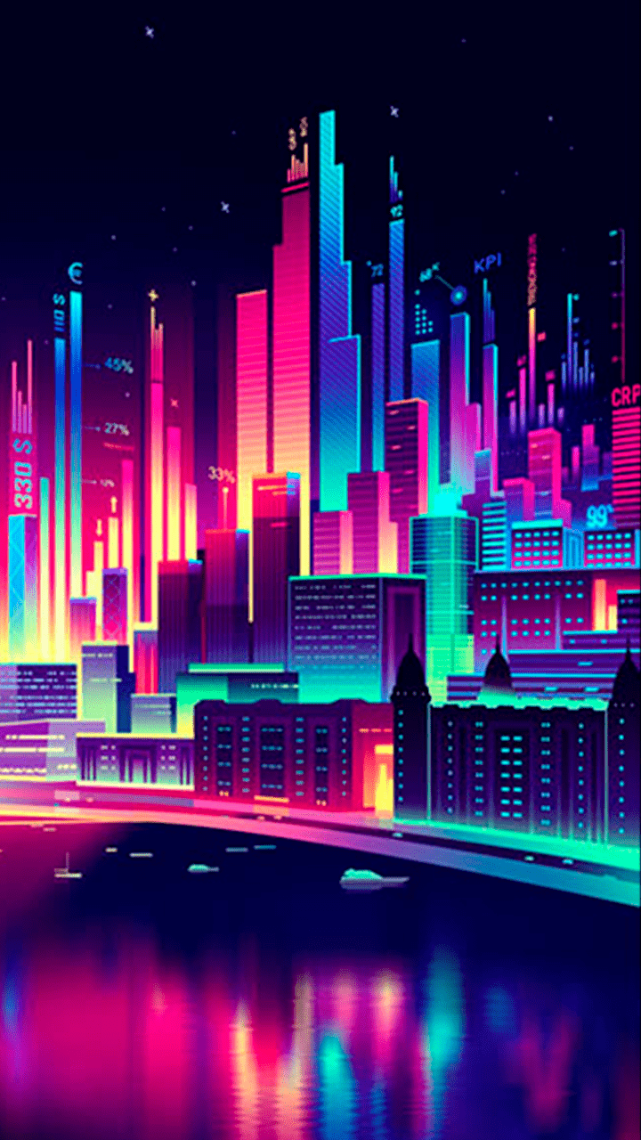 720x1280 Brightly colored city in a bay. Cartoon city