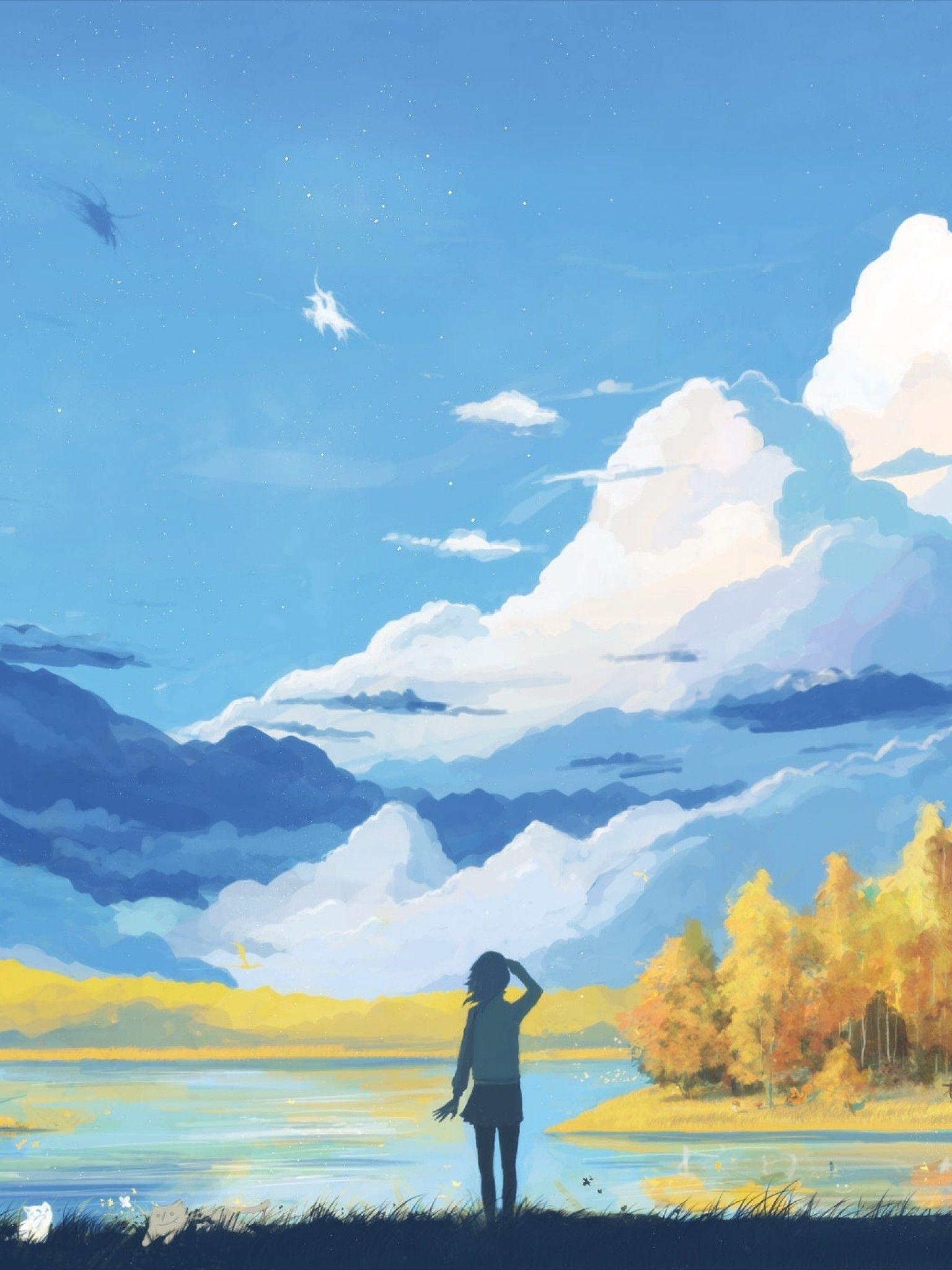 1536x2048 Download 1536x2048 Anime Landscape, Girl, Mountain, Relaxing