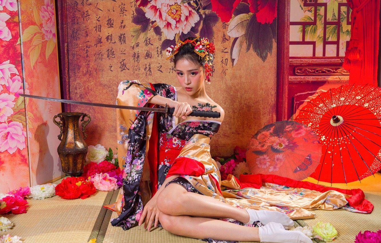 1332x850 Wallpaper girl, flowers, pose, style, weapons, Japanese, sword