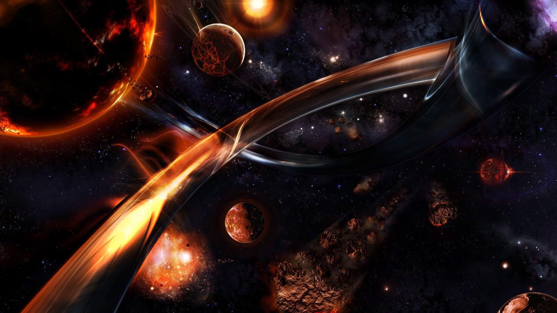 1920x1080 Sun, outer space, stars, explosions, planets, meteor shower