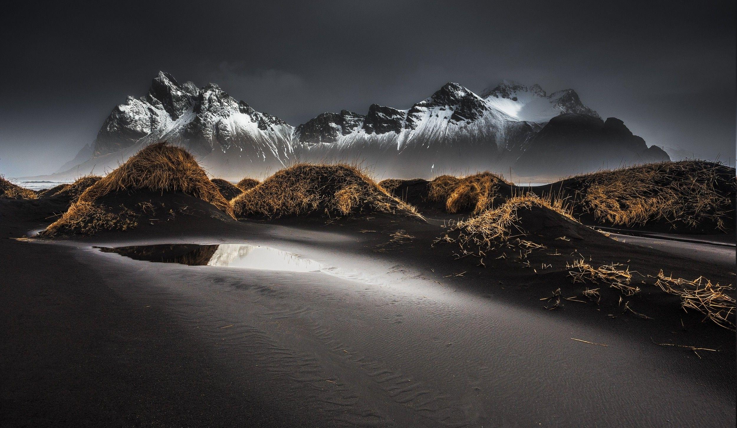 2500x1452 landscape, Nature, Black, Sand, Beach, Grass, Iceland