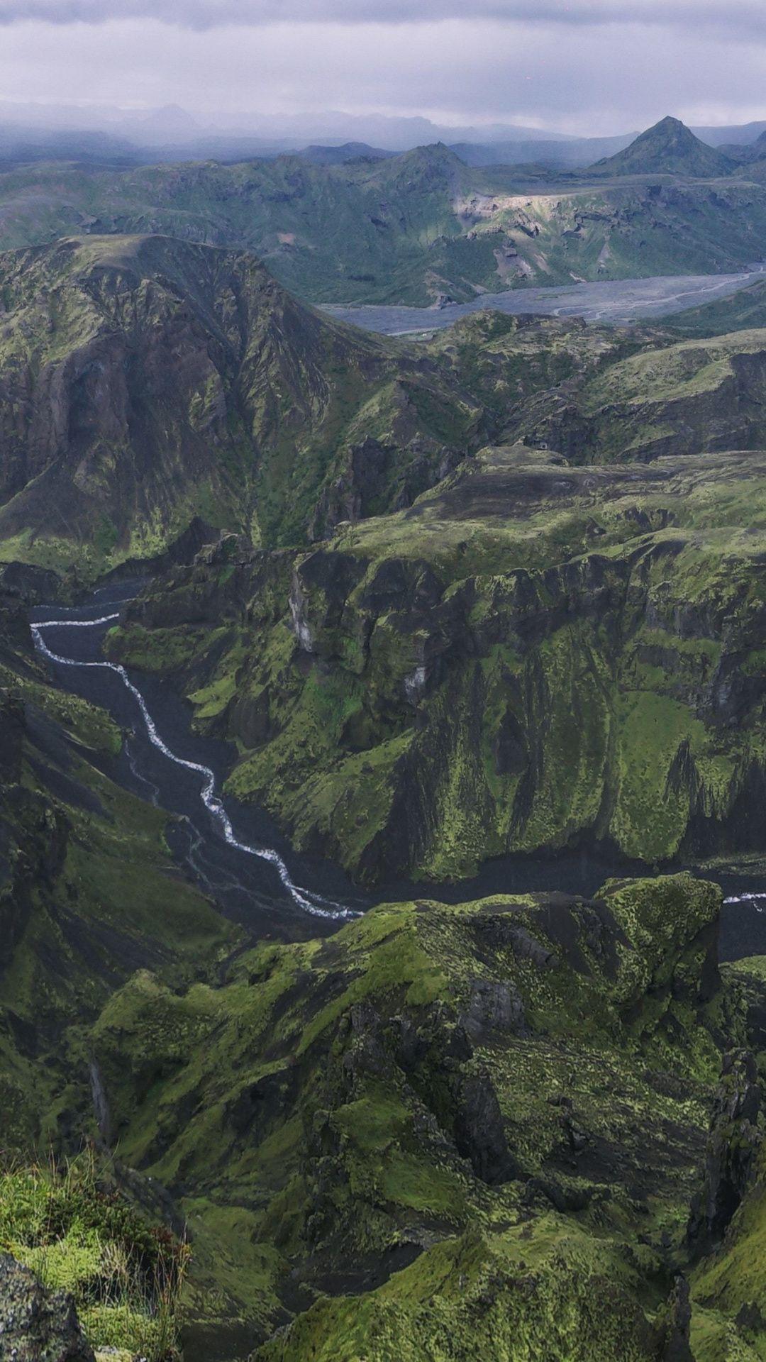 1080x1920 River, aerial view, mountains, Rettarfell, Iceland