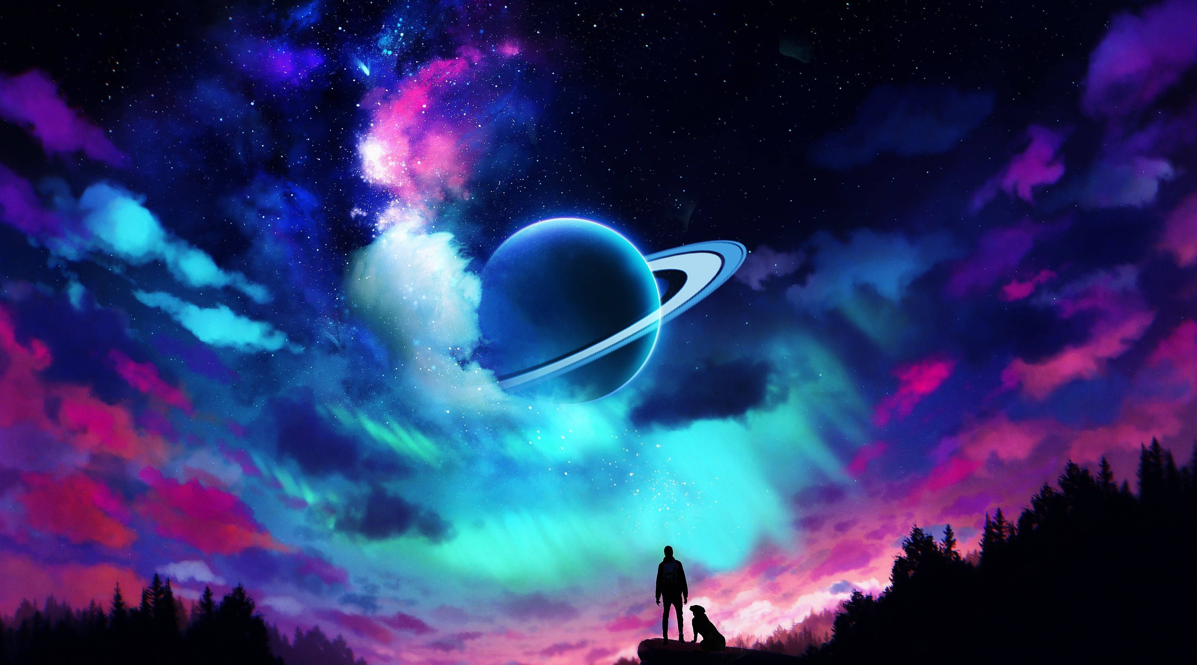 3840x2133 Dog Under Anime Planet Wallpaper