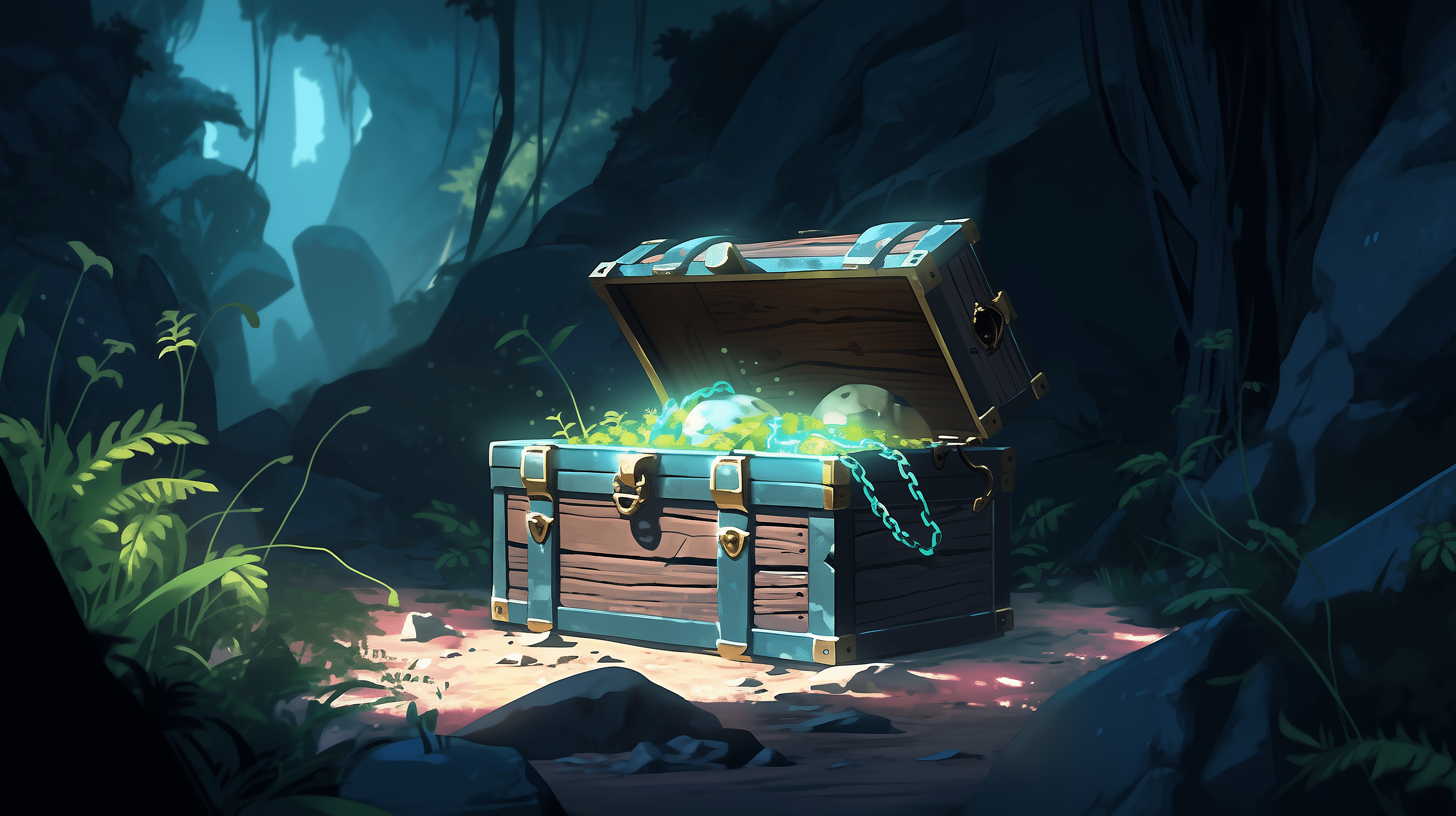5824x3264 Cave Treasure Chest HD Wallpaper