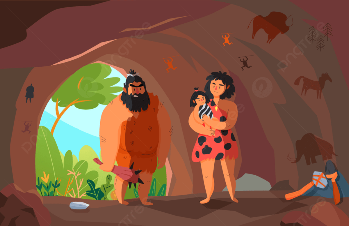 1200x776 Two Primitive People With Child In Cave