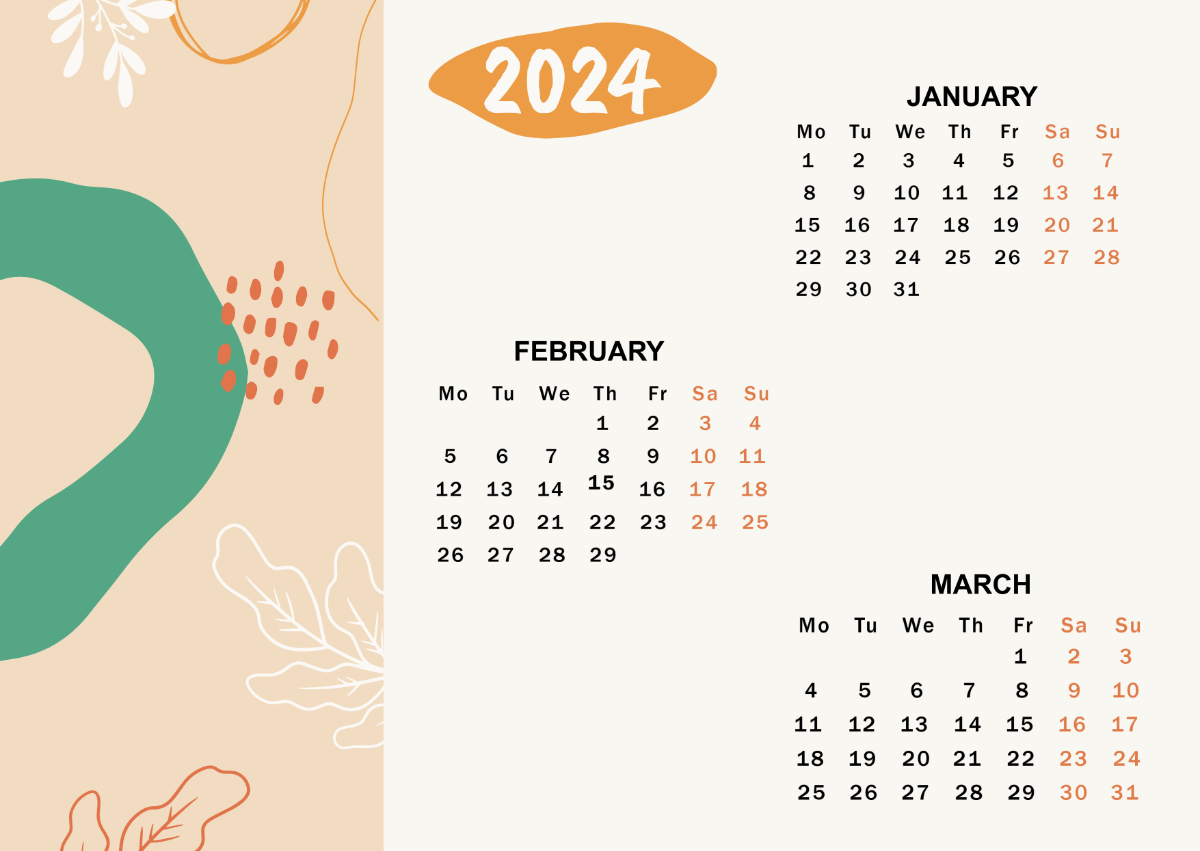 1200x851 January to March 2024 Calendar Template