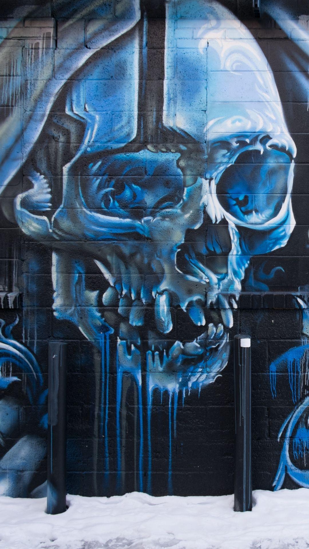 1080x1920 Download wallpaper 1080x1920 skull, graffiti, street art, wall