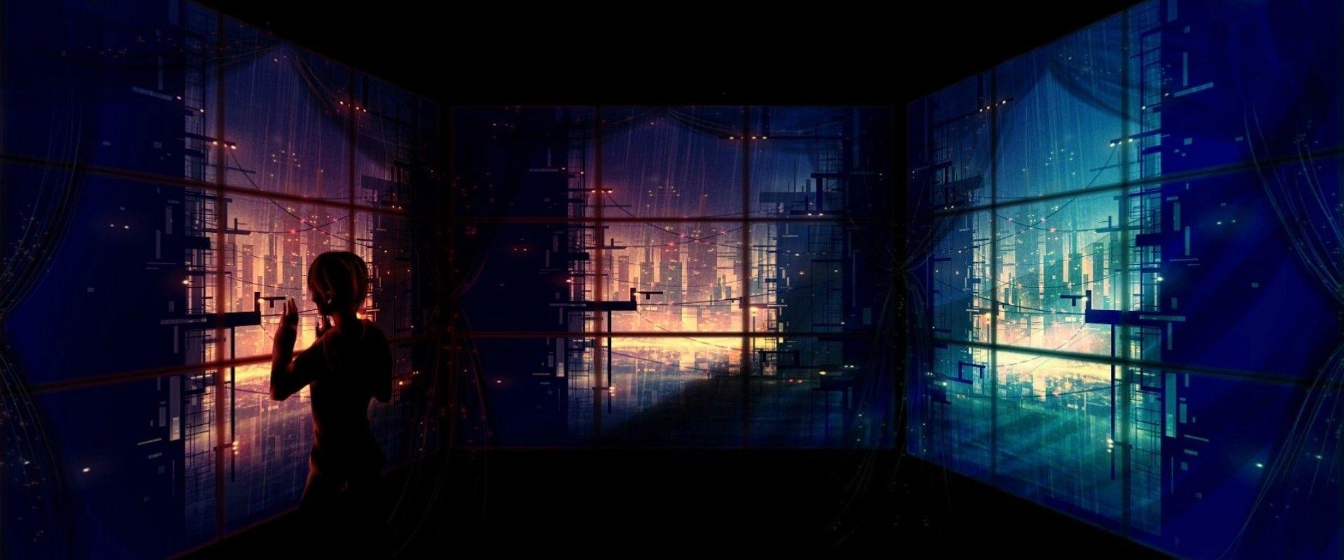 1920x800 artwork fantasy art anime futuristic city window