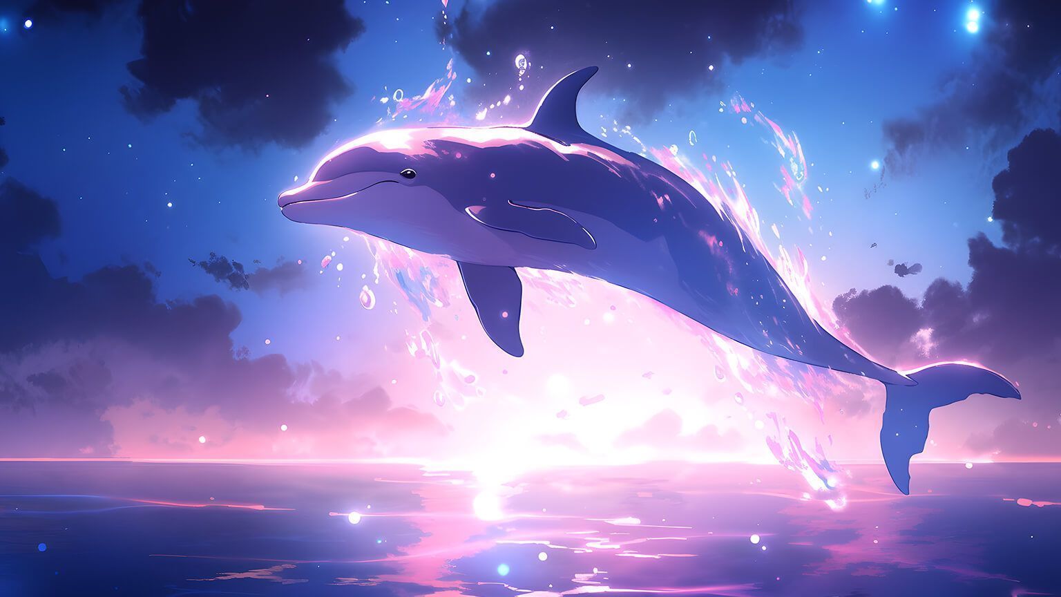 1536x864 Jumping Dolphin & Pink Sunset Wallpaper