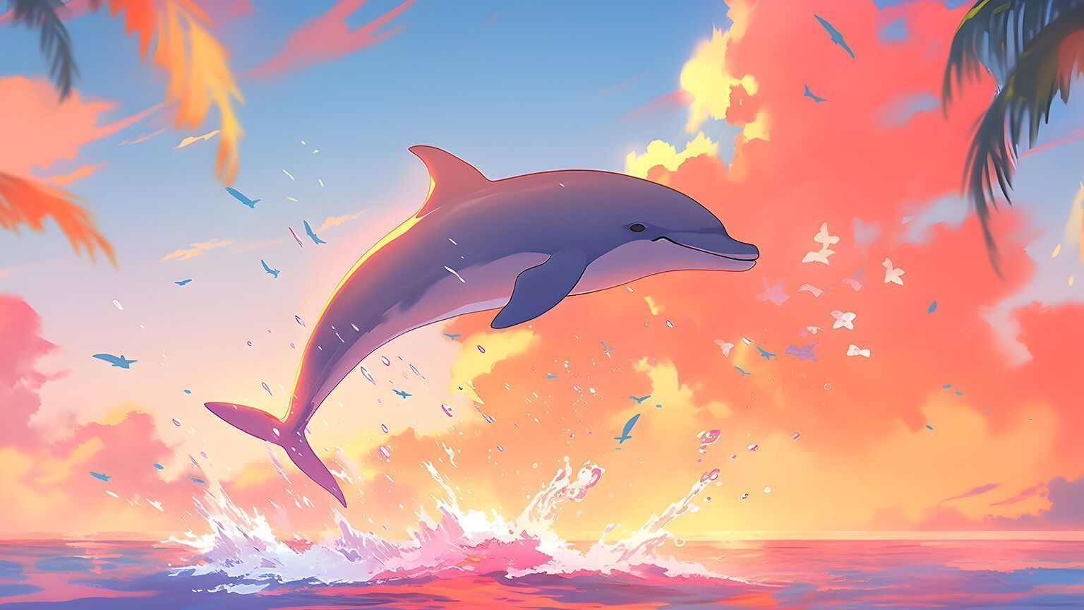 1536x864 Sunset & Jumping Dolphin Desktop