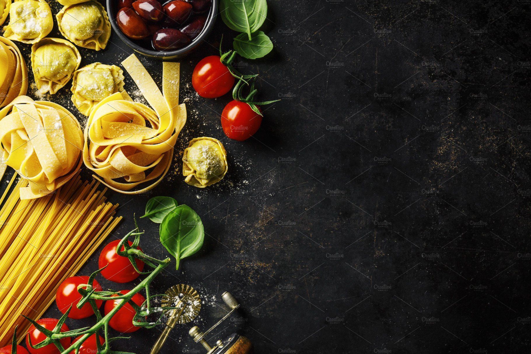 1820x1213 Italian food background on dark