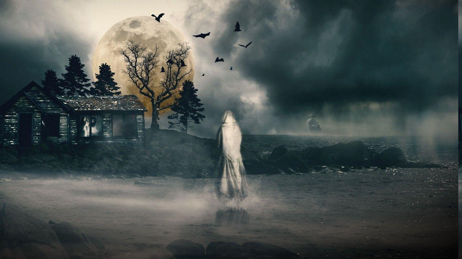 1500x843 Halloween, Digital Art, Ghost, Mist, Trees, Dead Trees, Moon, Clouds, Bats, Coast, Landscape, Spooky Wallpaper HD / Desktop and Mobile Background