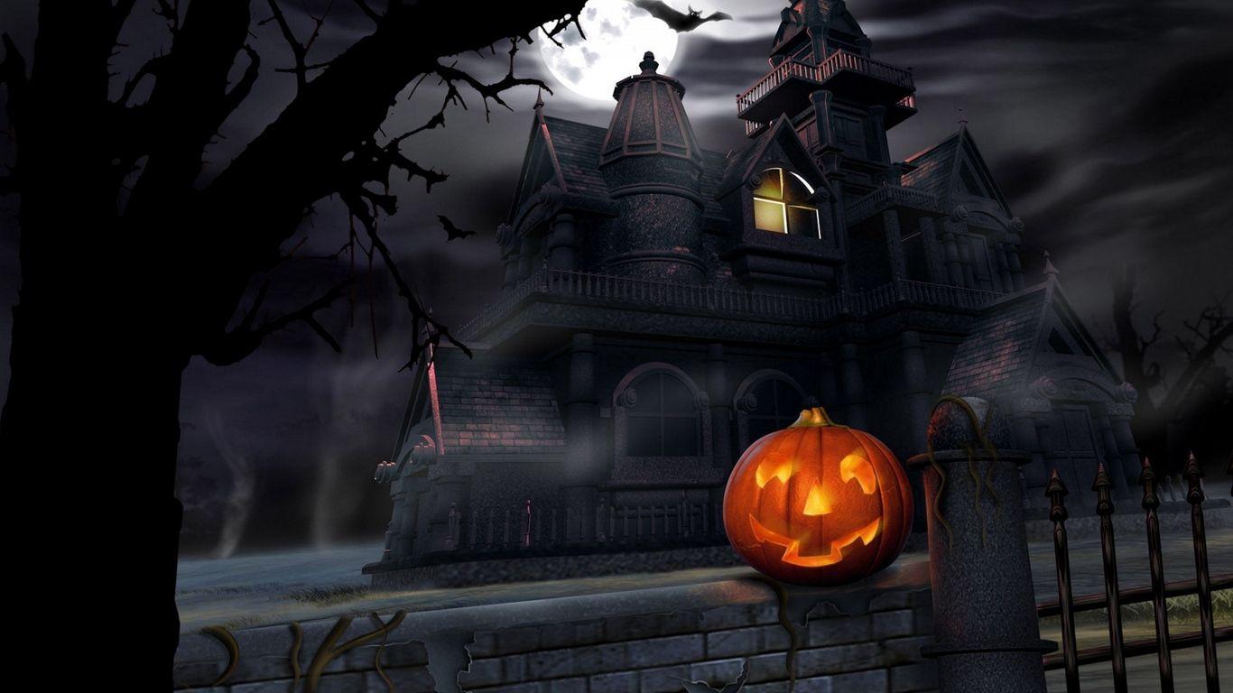 1366x768 Download wallpaper 1366x768 halloween, pumpkin, lantern, house
