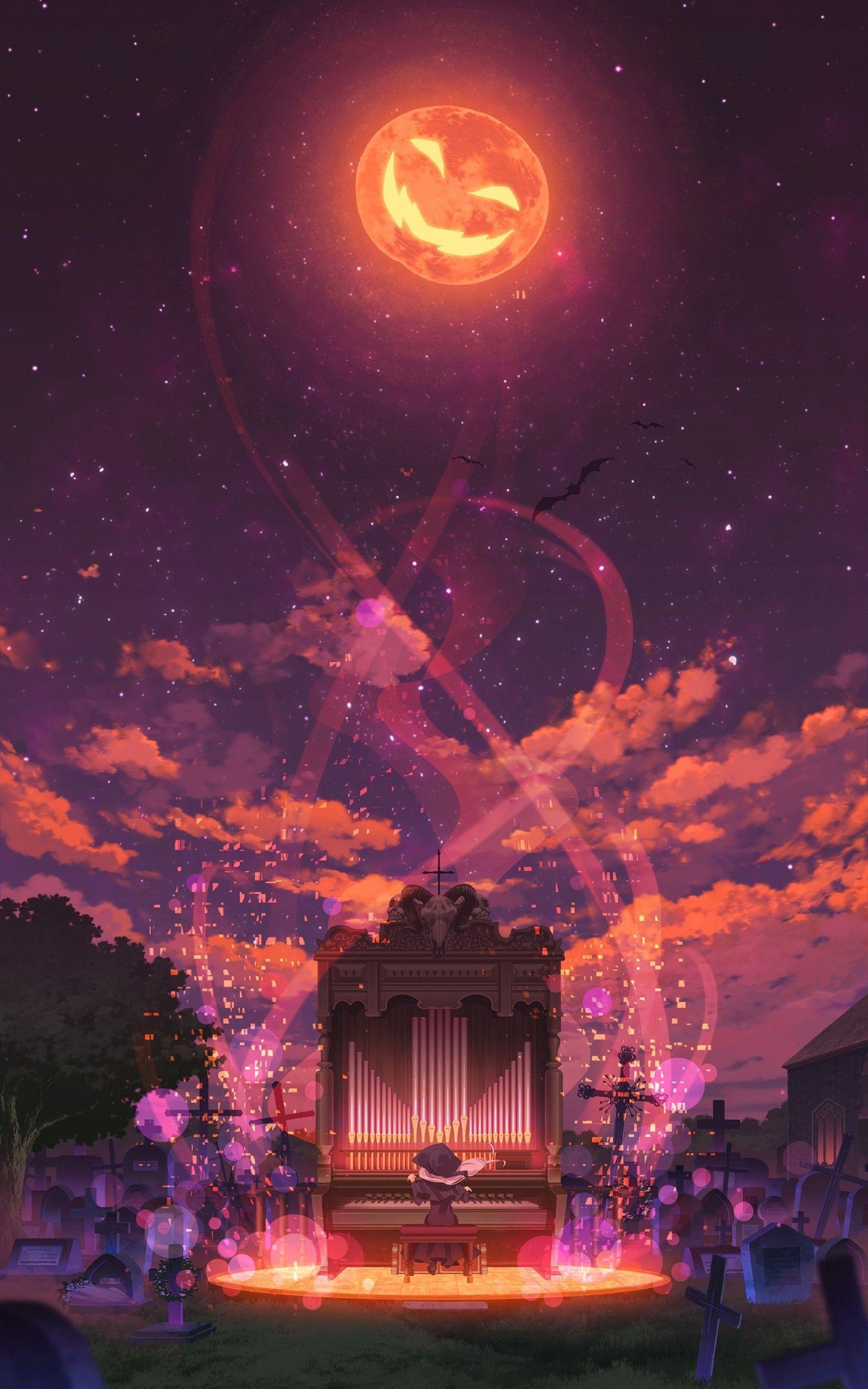 1600x2560 Download 1600x2560 Anime Girl, Halloween, Piano, Pumpkin