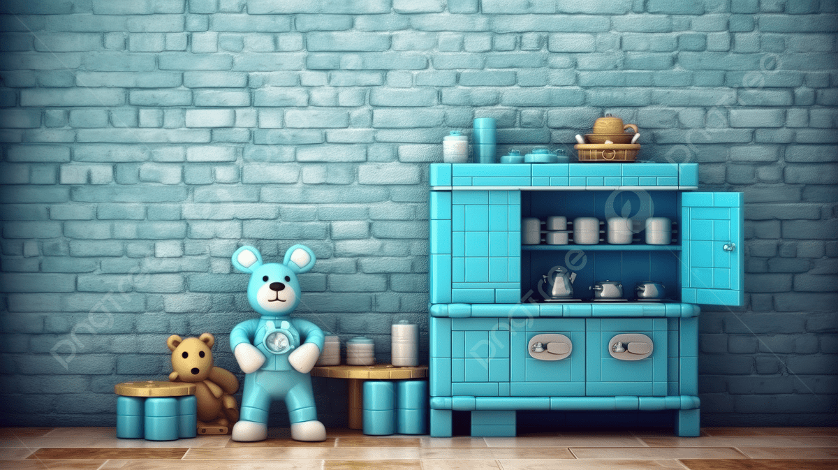 1200x673 Classic Toy Kitchen In Blue 3D Render