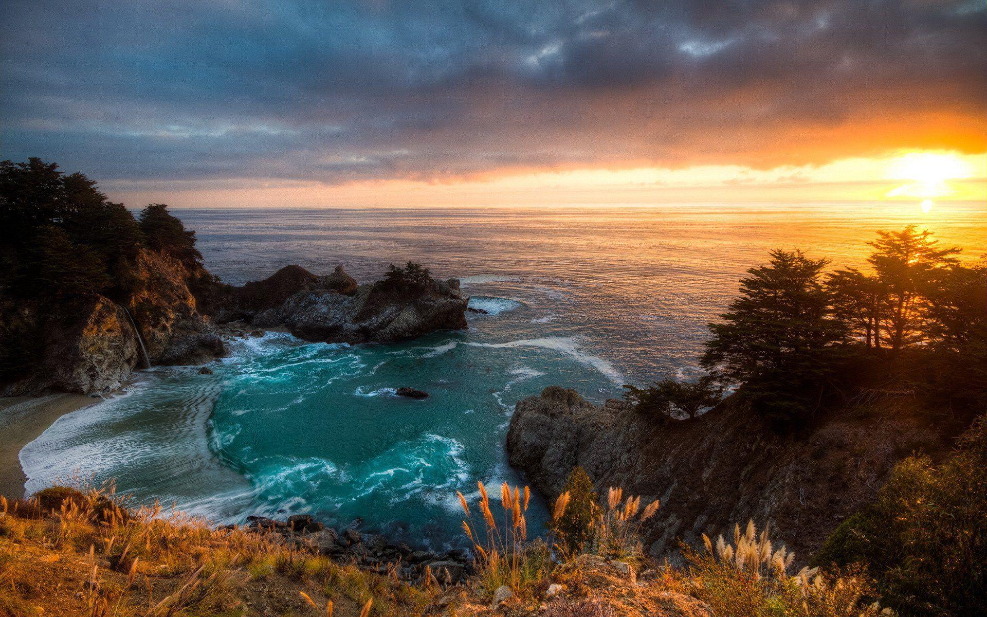 1920x1200 Landscape sunset california mcway falls ocean sea cliff