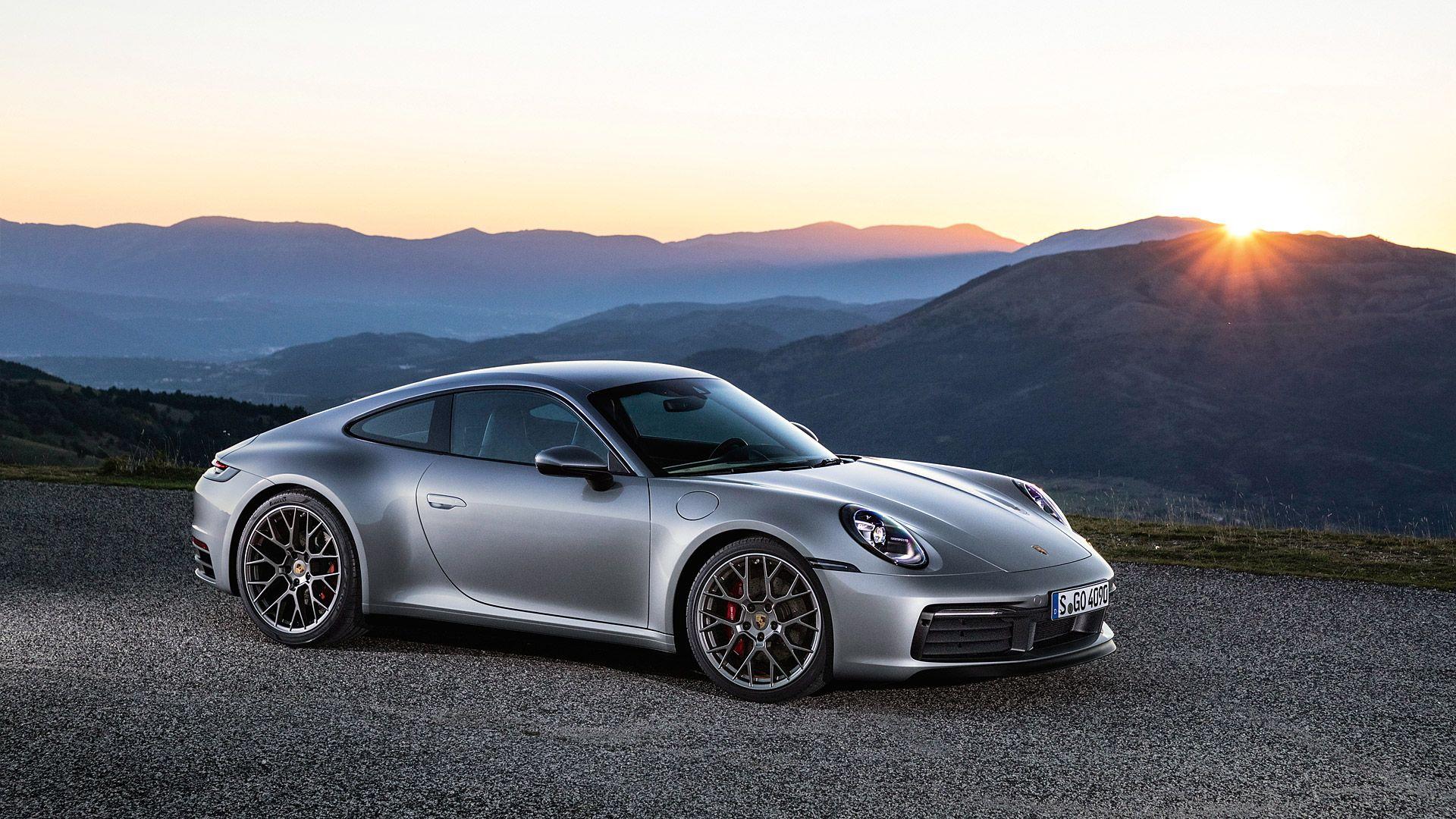 4k, 16:9 wallpaper for a pc, porsche 911 on a road with sunset