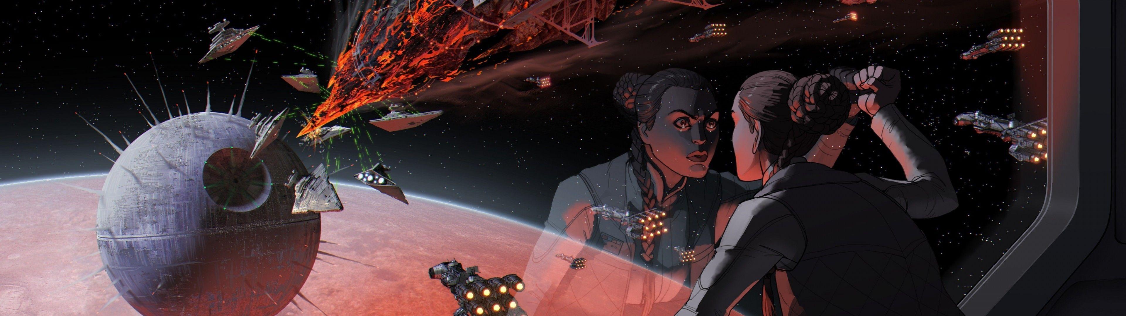 3840x1080 Download 3840x1080 Star Wars, Star Destroyer, Princes Leia, Planet, Stars, Artwork Wallpaper