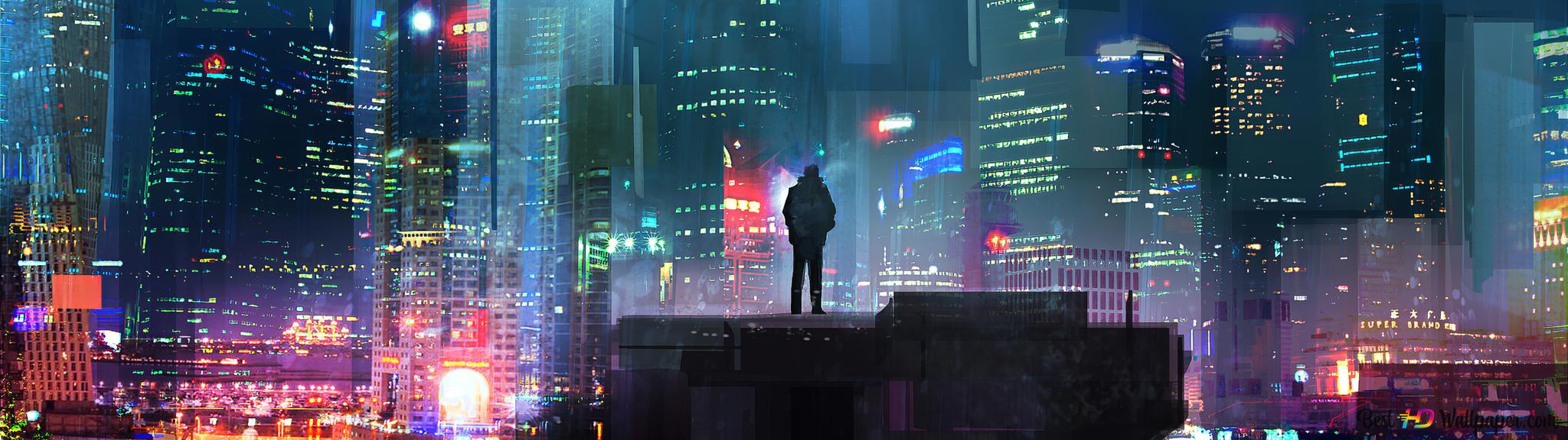 2048x576 Boy in cyberpunk city 4K wallpaper download