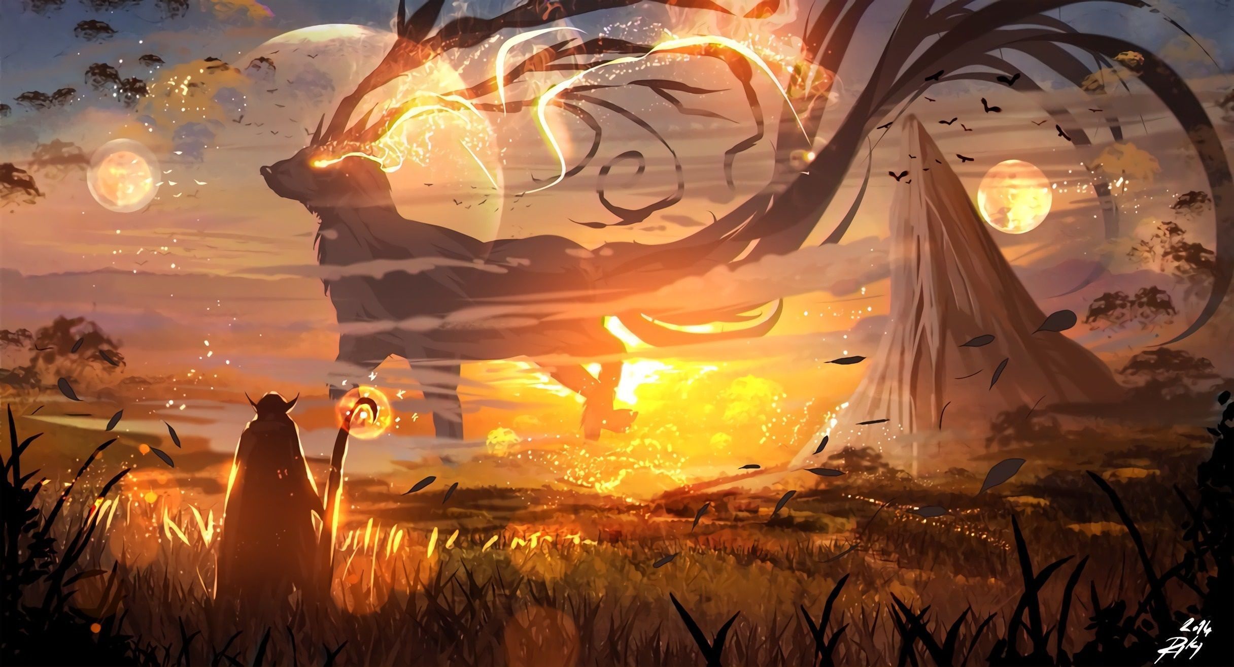 2432x1314 fantasy art, sunset, digital art, magic
