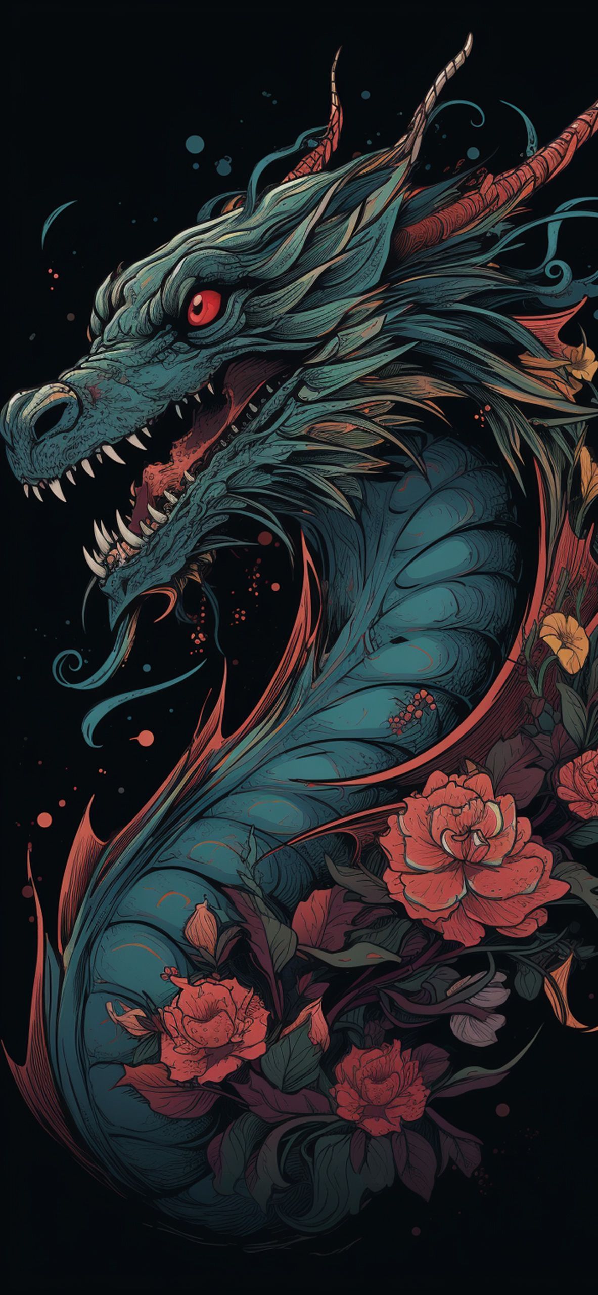 1183x2560 Chinese Dragon & Flowers Black