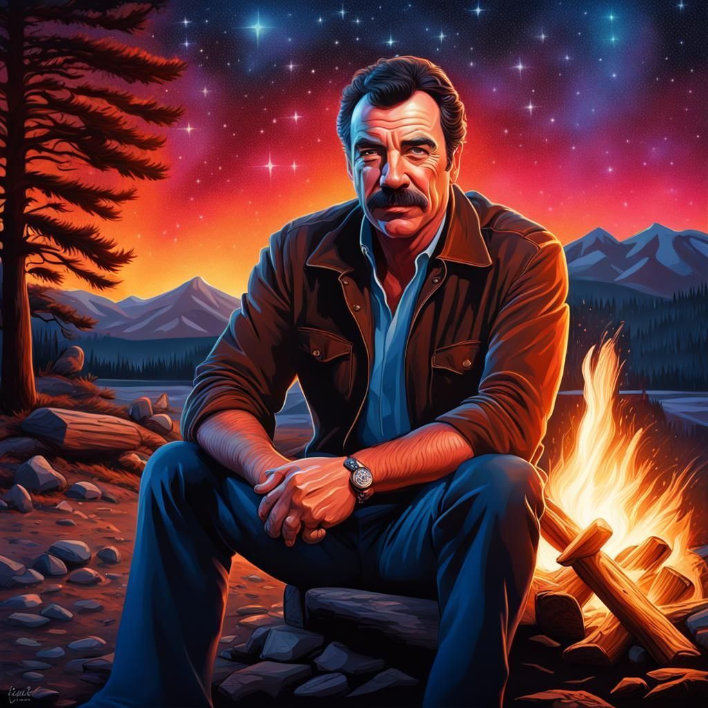 1024x1024 Tom Selleck sitting at a campfire at