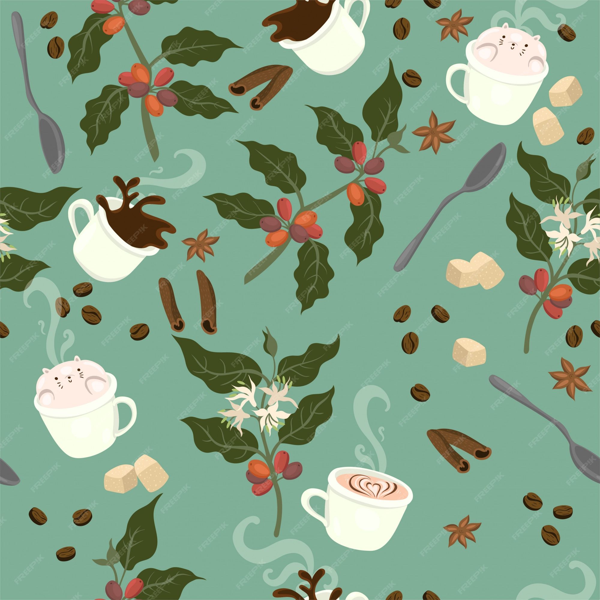 2000x2000 coffee, plant, grains, mugs, spoons