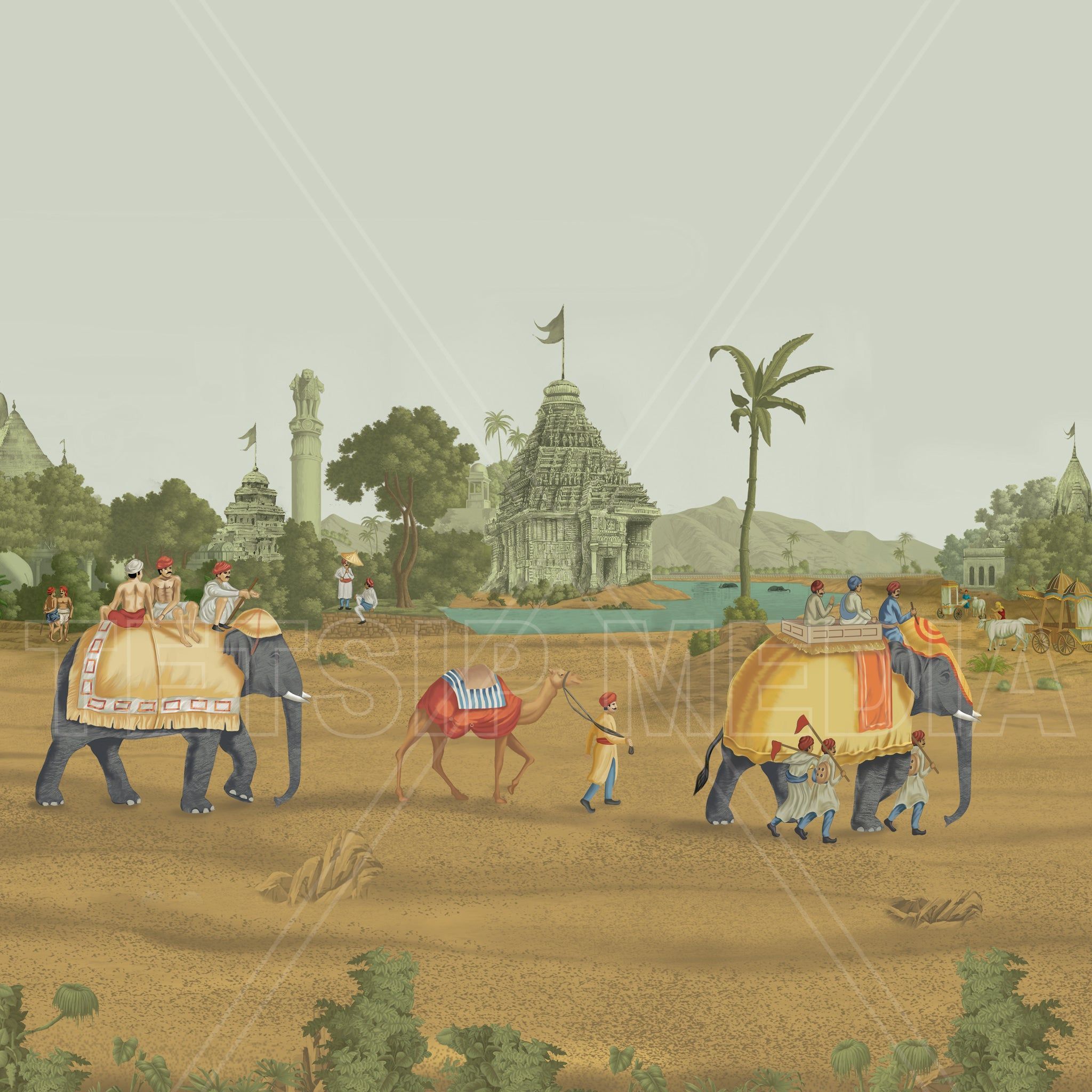 2048x2048 Vintage Indian Village Mural Wallpaper