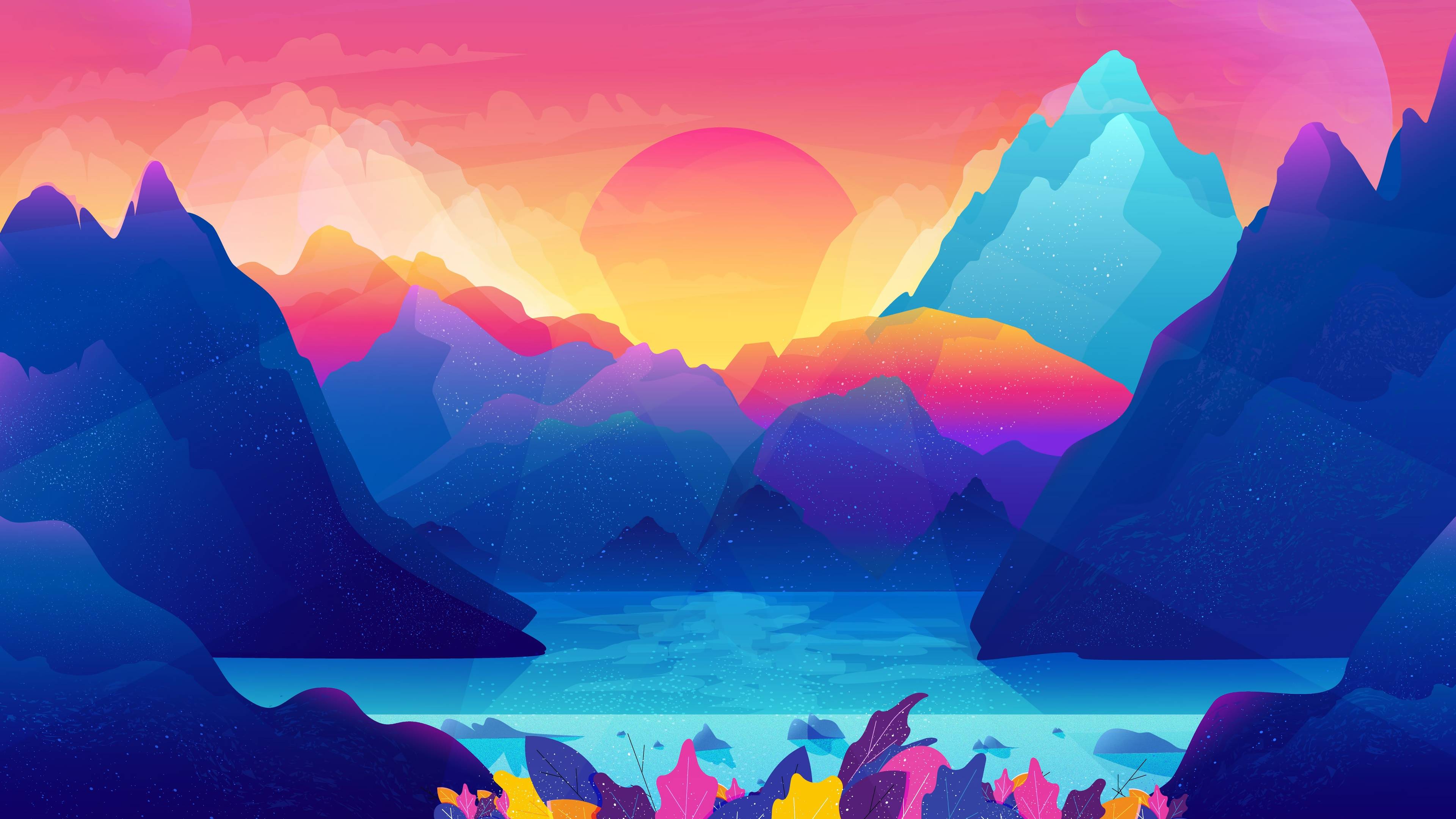 3840x2160 Sunrise Colorful Mounains Landscape Minimalist Minimalism 4K