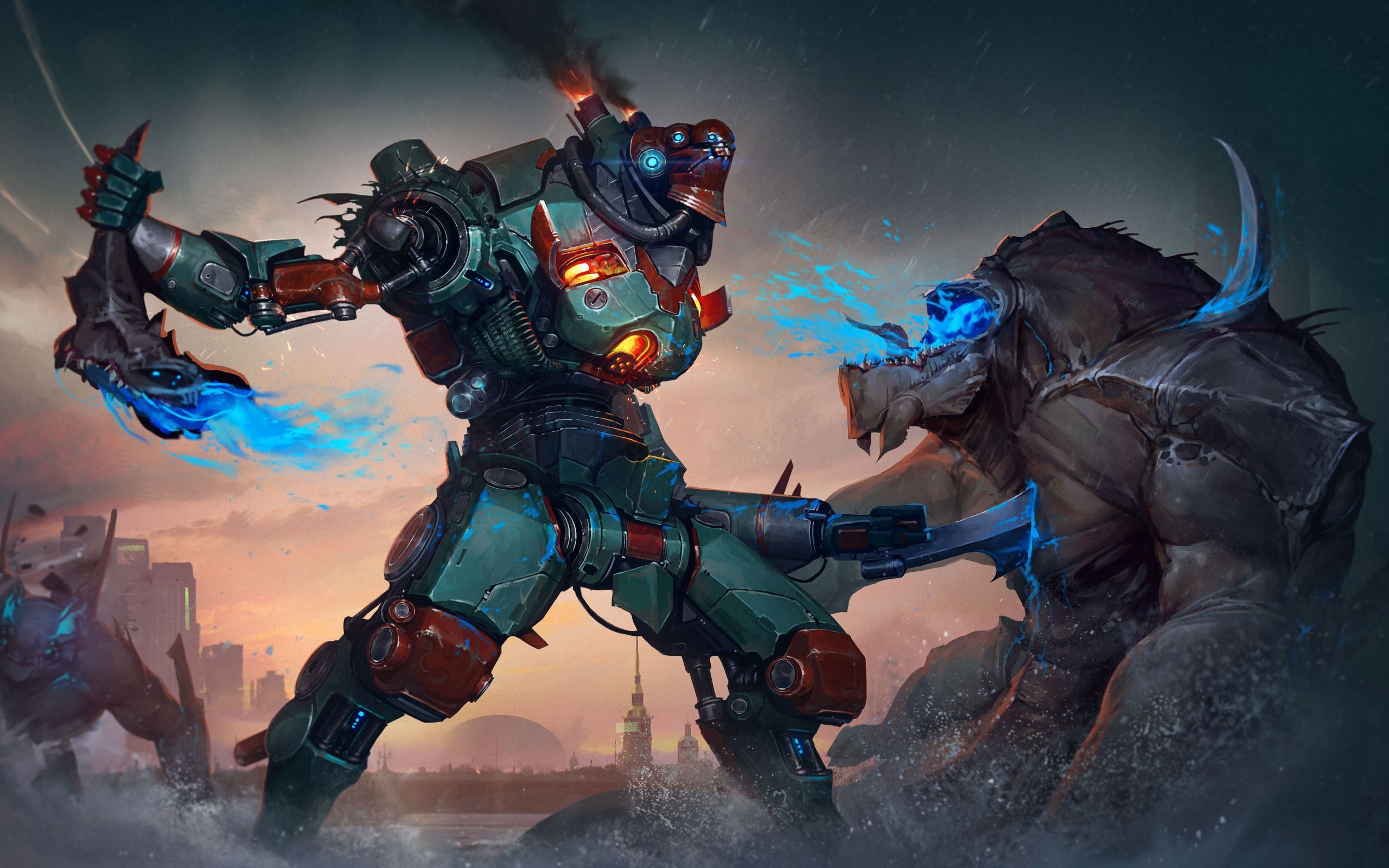 2560x1600 Download wallpaper river, robot, battle