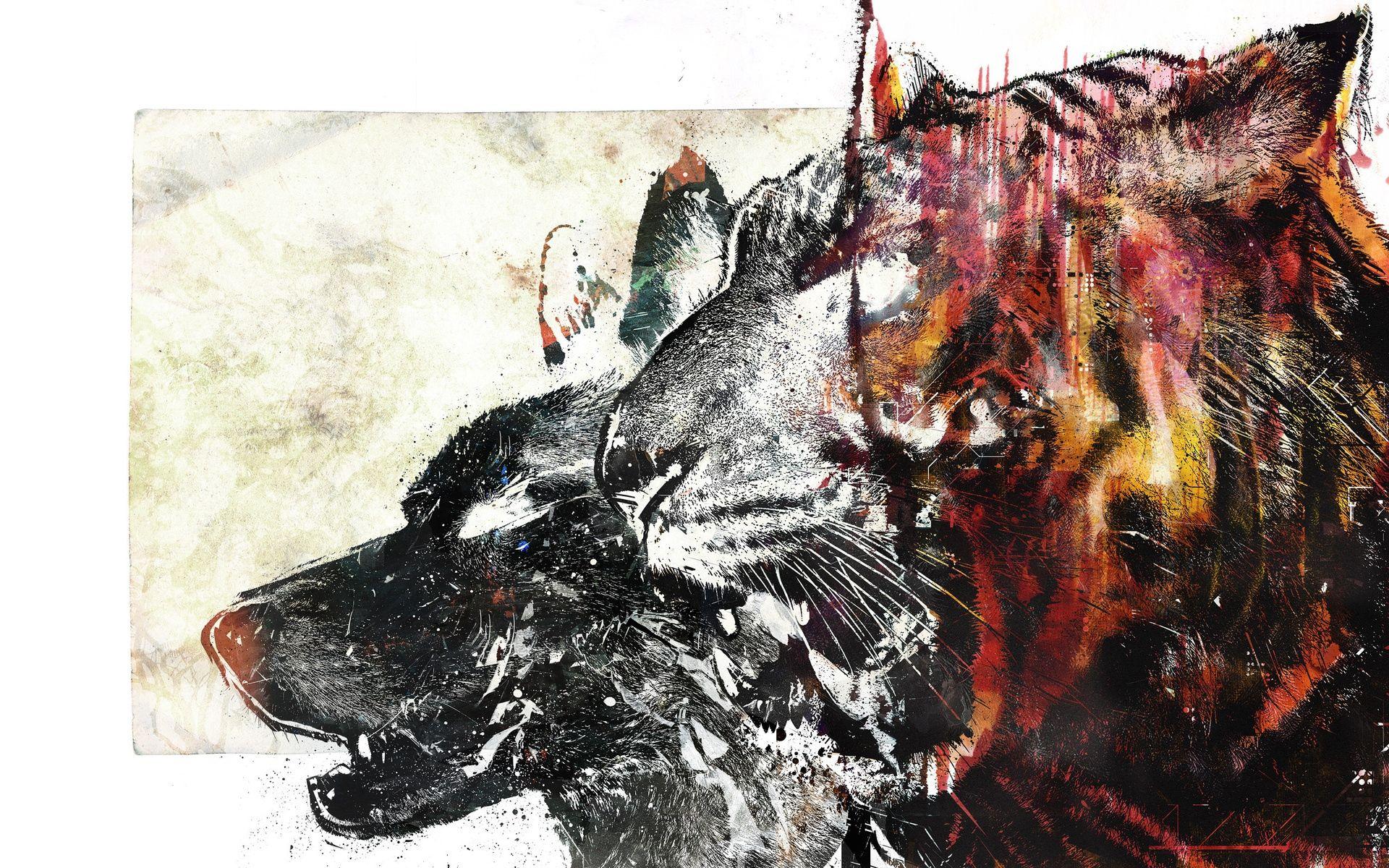 1920x1200 Download wallpaper 1920x1200 wolf, tiger, drawing, white