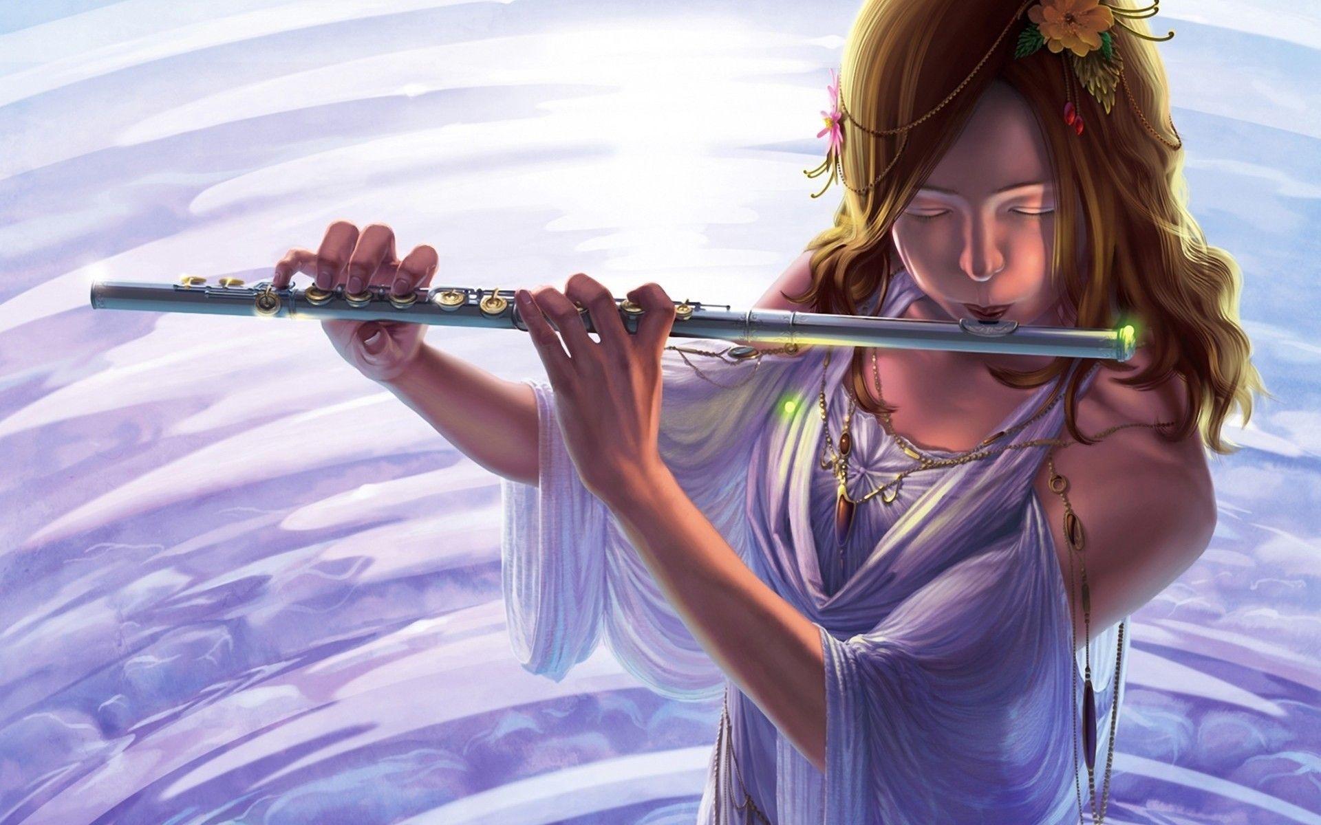 1920x1200 Download 1920x1200 Fantasy Girl, Flute, Instrument, White